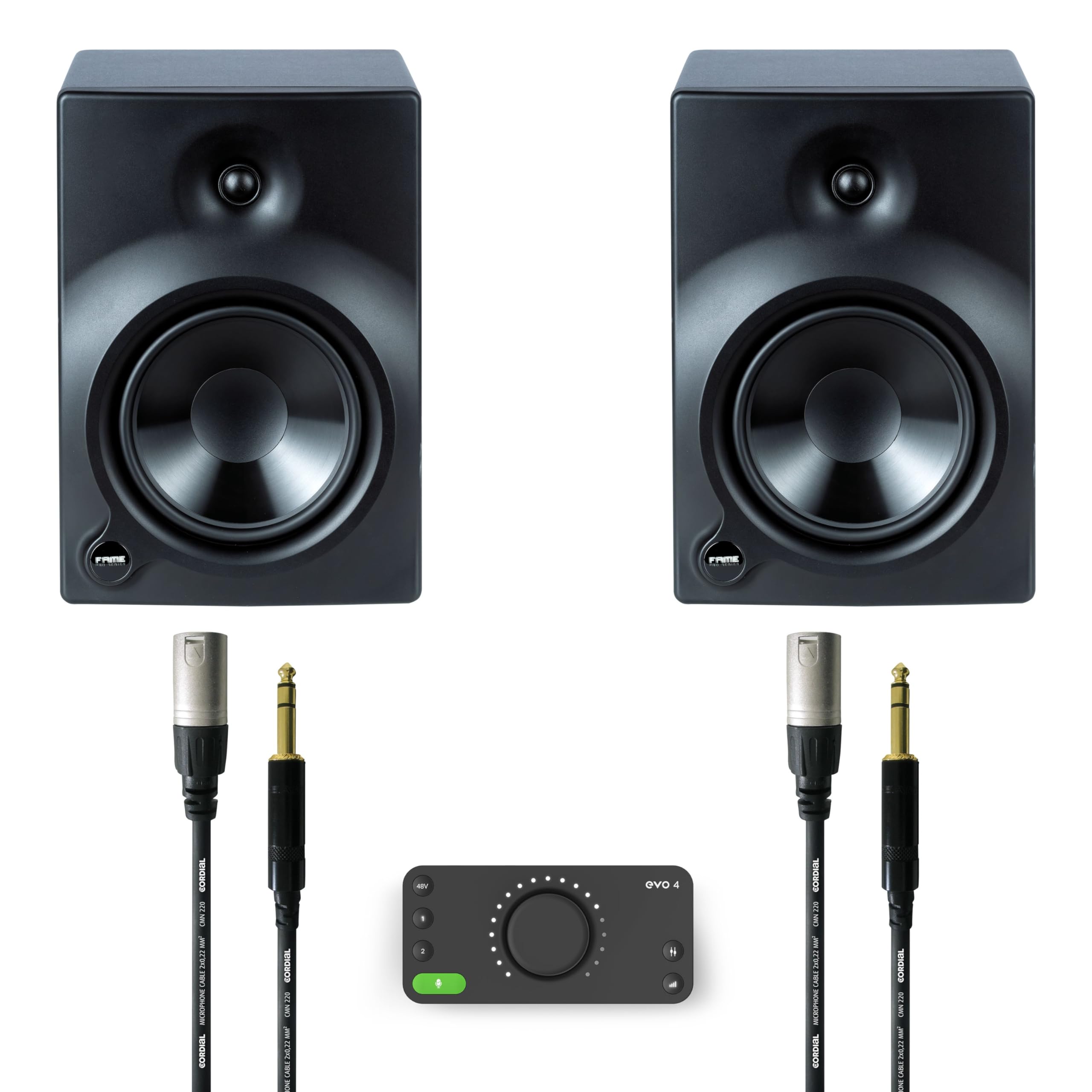 Fame Audio, Mikrofonkabel 3 m (2er Pack), USB Audio Interface, 2 Aktive Studiomonitore - Producer Set - Schwarz