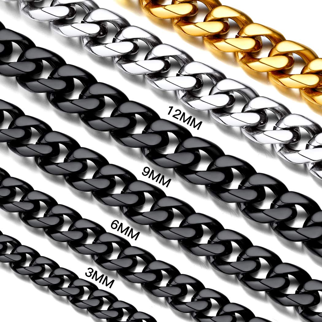 Suplight'Suplight 3mm/6mm/9mm/12mm Miami Curb Cuban Link Chain for Men Women, 316L Stainless Steel /18K Gold/Black Plated Mens Jewelry Hip Hop Chain 18''/20''/22''/24''/26''/28''/30'''
