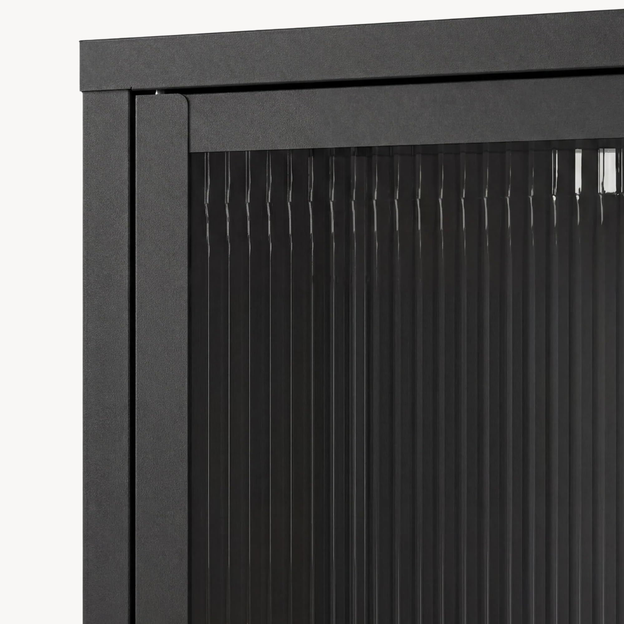[en.casa] Comò con Ante in Vetro Scanalato Credenza in Acciaio per Soggiorno Mobile Vetrinetta con Scomparto Diviso 84x64x35 cm Nero