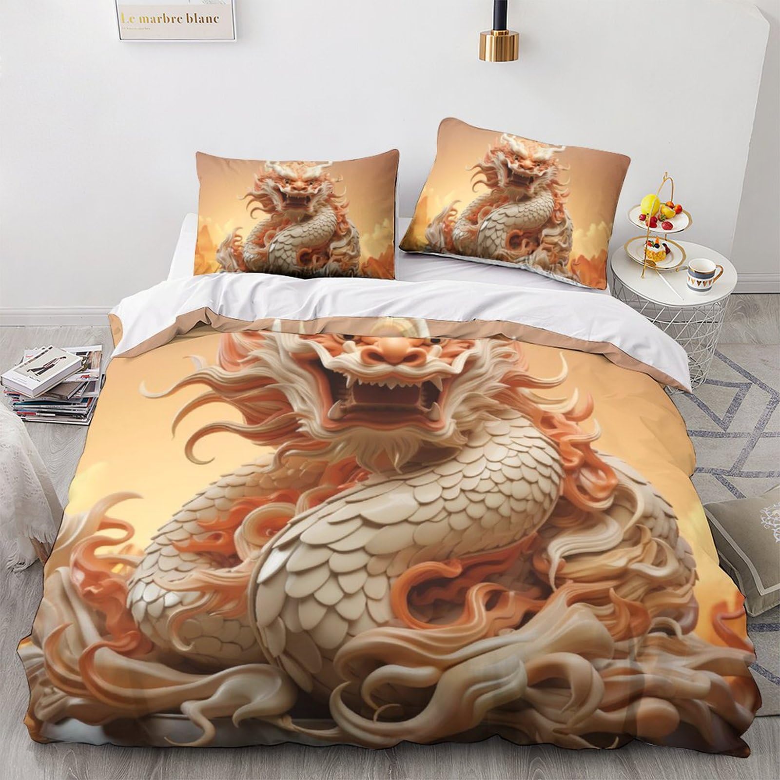 Parure de couette dragon chinois 220x240 en microfibre avec housse 3D zippée et taies d'oreiller