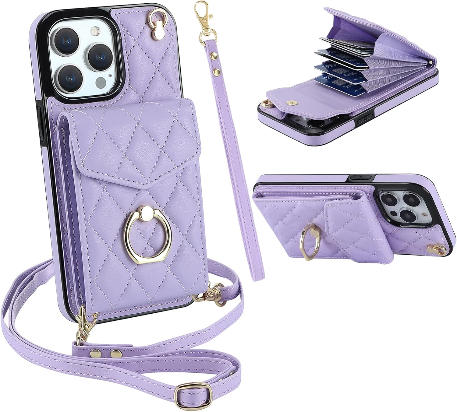 Compatible with iPhone 15 Pro Max Wallet Case with Card Holder, 360° Rotation Finger Ring Holder Kickstand, Leather Wallet Case and Crossbody Strap - Purple, 6.7 Inch (2023) iPhone 15 Pro Max Purple-01