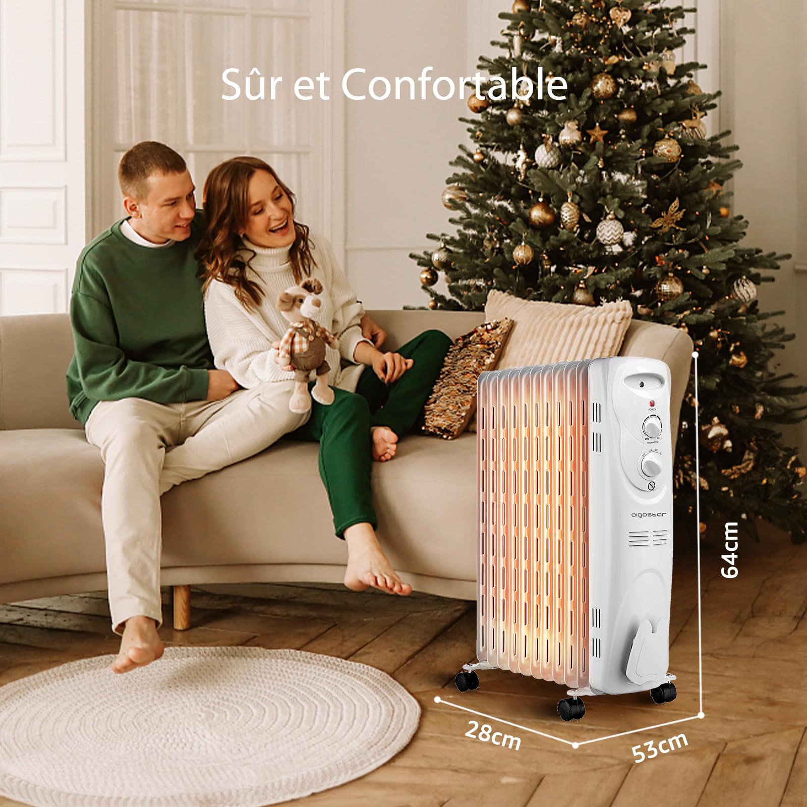 Aigostar Radiateur à bain d’huile portable. 11 éléments, 2300 W. 3 niveaux de puissance et thermostat réglable. Couleur: gris clair. Design exclusif.-Pangpang 33IEJ