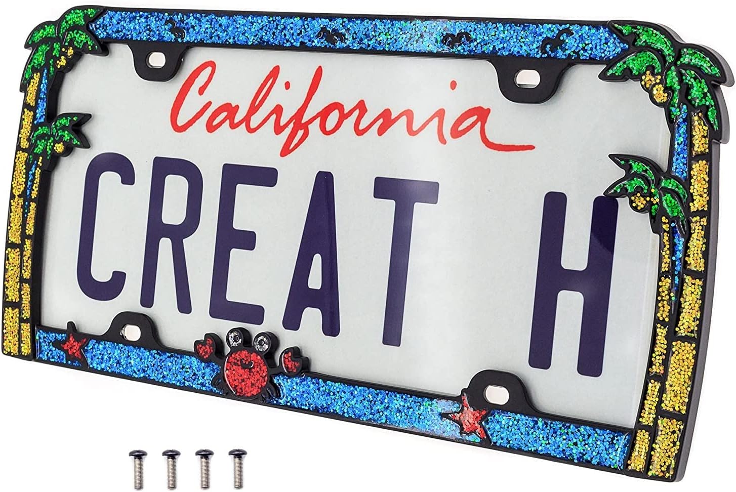 Creathome 3D Shining Palm Trees Crab License Plate Frame from Pure Zinc Alloy Metal Perfect Plate Holder, Matt Black with Colorful Glitters