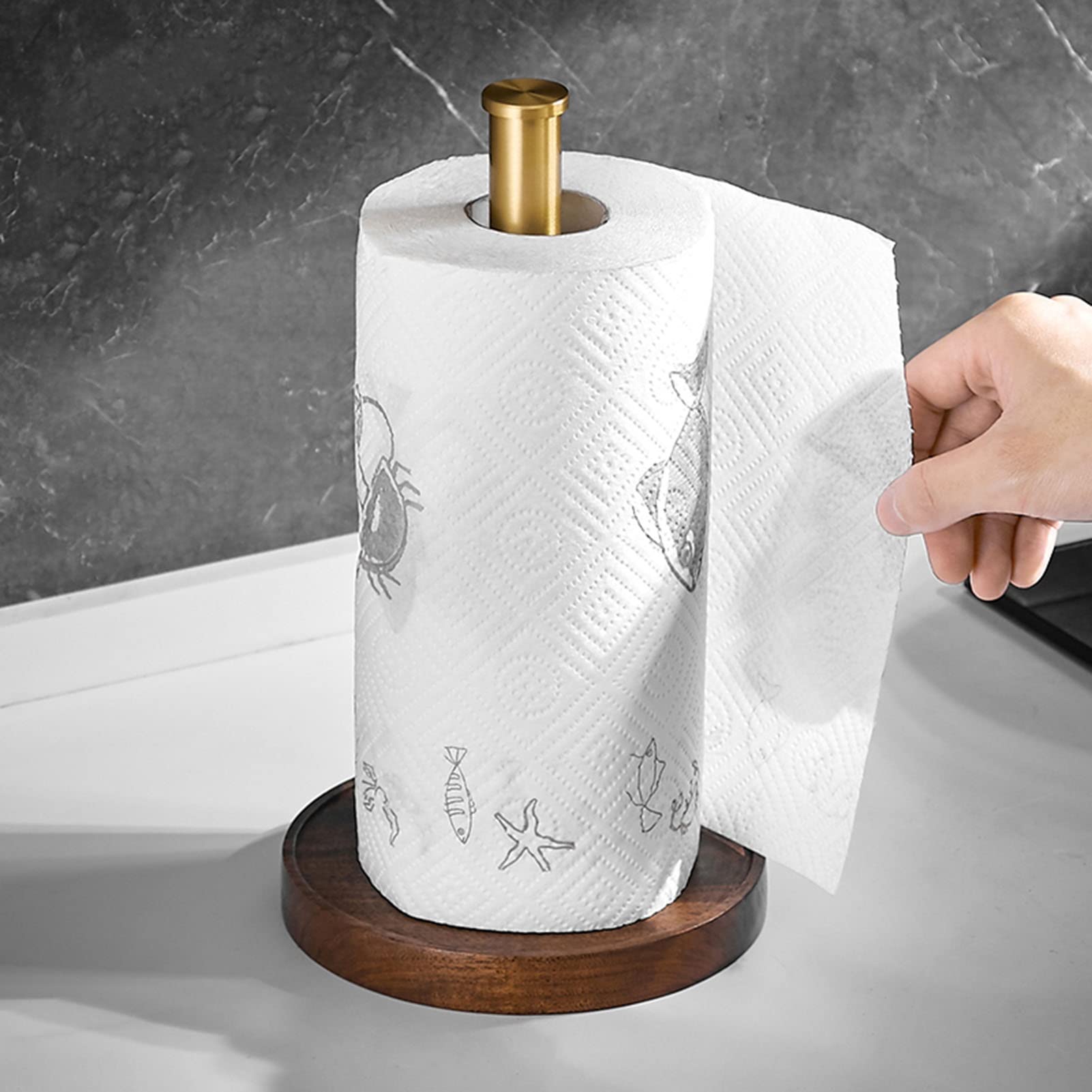 Porta asciugamani di carta con base in legno, elegante alluminio spazzolato oro e noce marrone, adatto per rotoli standard e jumbo, design elegante per piani di lavoro della cucina