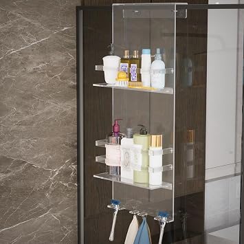 Over The Door Shower Caddy, Acrylic Shower Caddy Shelf with Hooks, No Drilling Adjustable Hanging Shower Organizer for Bathroom Storage, Body Wash Shampoo Holder