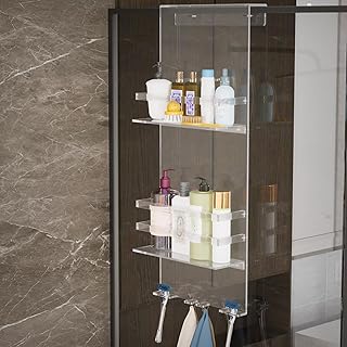 Nynelly Over The Door Shower Caddy, Acrylic Shower Caddy Shelf with Hooks, No Drilling Adjustable Hanging Shower Organizer for Bathroom Storage, Body Wash Shampoo Holder
