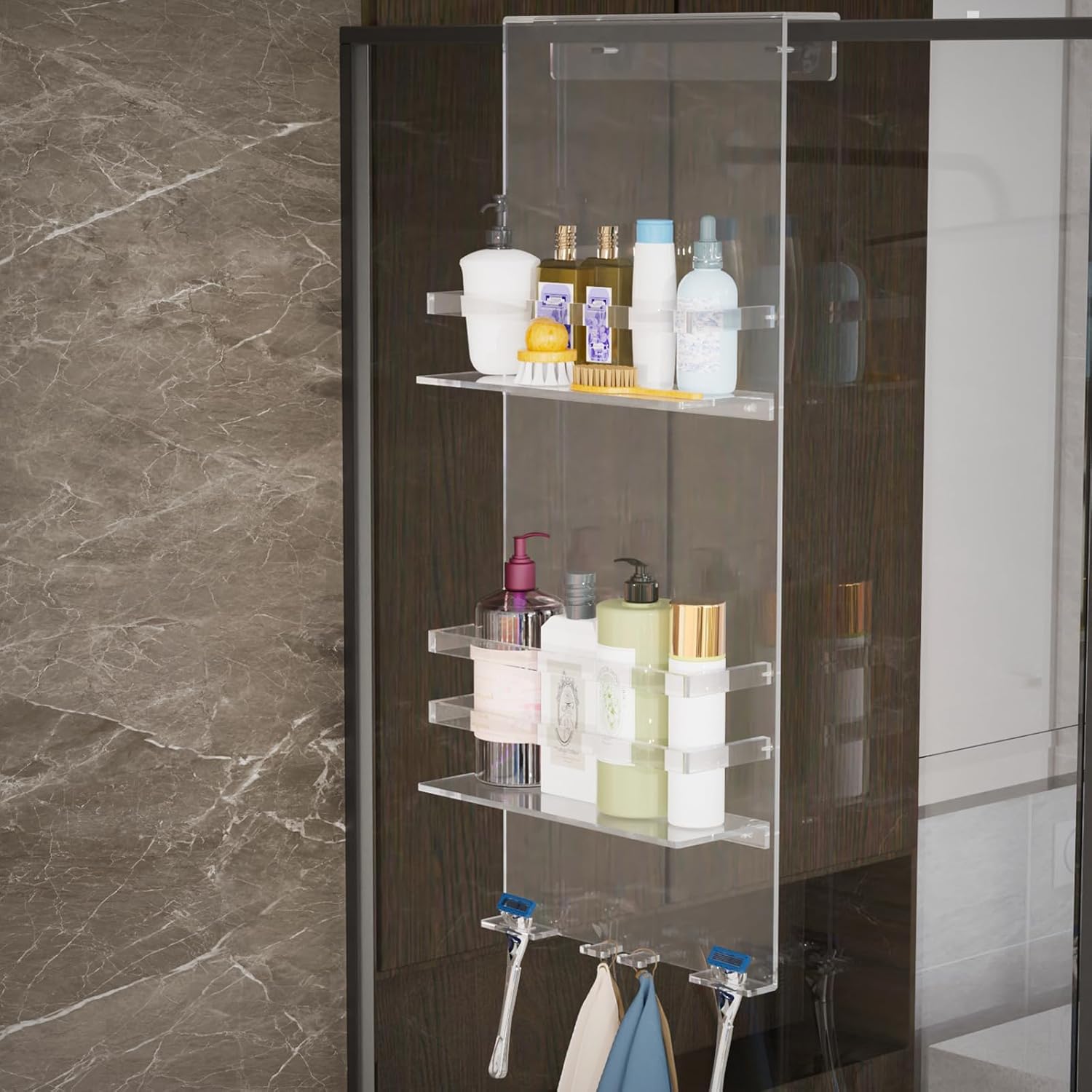 Nynelly Over The Door Shower Caddy Acrylic Shower Caddy Shelf with Hooks No Drilling Adjustable Hanging Shower Organizer