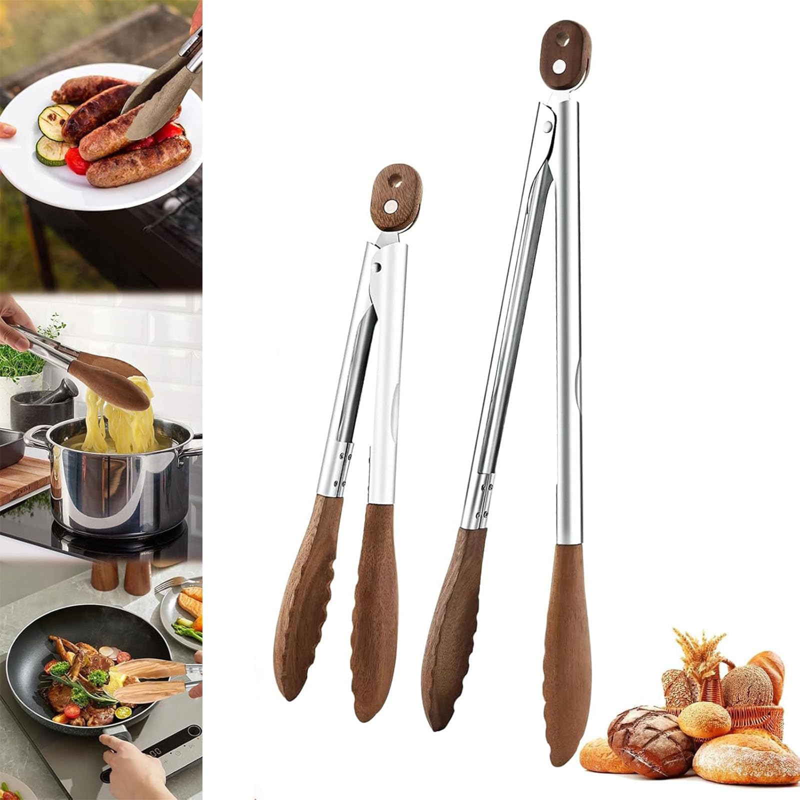 Pinzas de cocina de madera, resistentes al calor, con clip de bloqueo, diseño antideslizante para barbacoa y ensalada, juego de 2 pinzas de madera de nogal duraderas