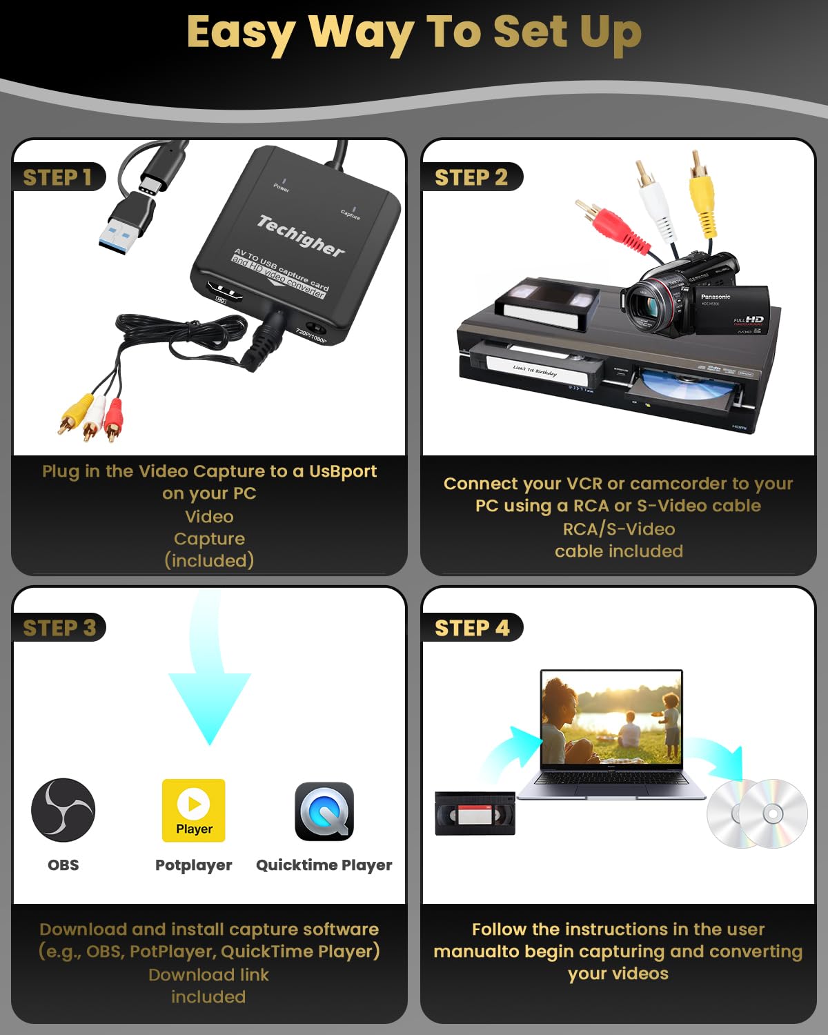 Convertidor VHS a digital, tarjeta de captura de video USB para video, VCR/Hi8/DVD/AV/RCA/VHS a convertidor digital, convertidor RCA a HDMI, convertidor AV a HDMI, captura y convierte