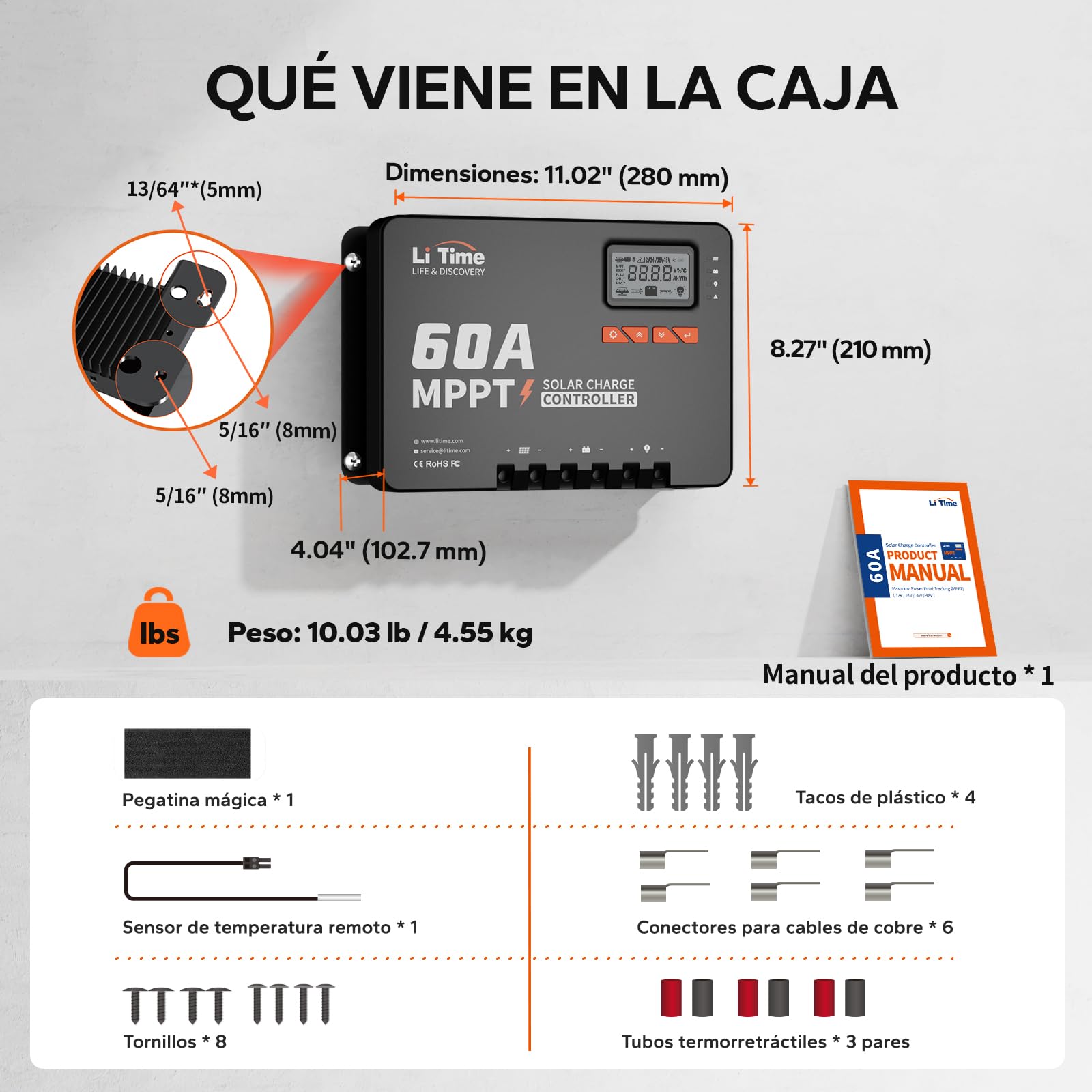 LiTime 60A MPPT 12V/24V/36V/48V Máx. 3200W Entrada DC Automática Controlador de Carga Solar con Adaptador Bluetooth, Pantalla LCD con Parámetros Ajustables, Indicadores LED, para Batería de Litio