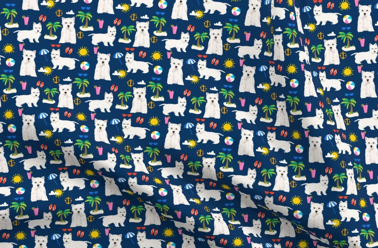 Spoonflower Fabric - Westie Dogs Beach Summer Tropical Navy West Highland Terrier Dog Printed on Upholstery Velvet Fabric Fat Quarter - Upholstery Home Decor Bottomweight Apparel