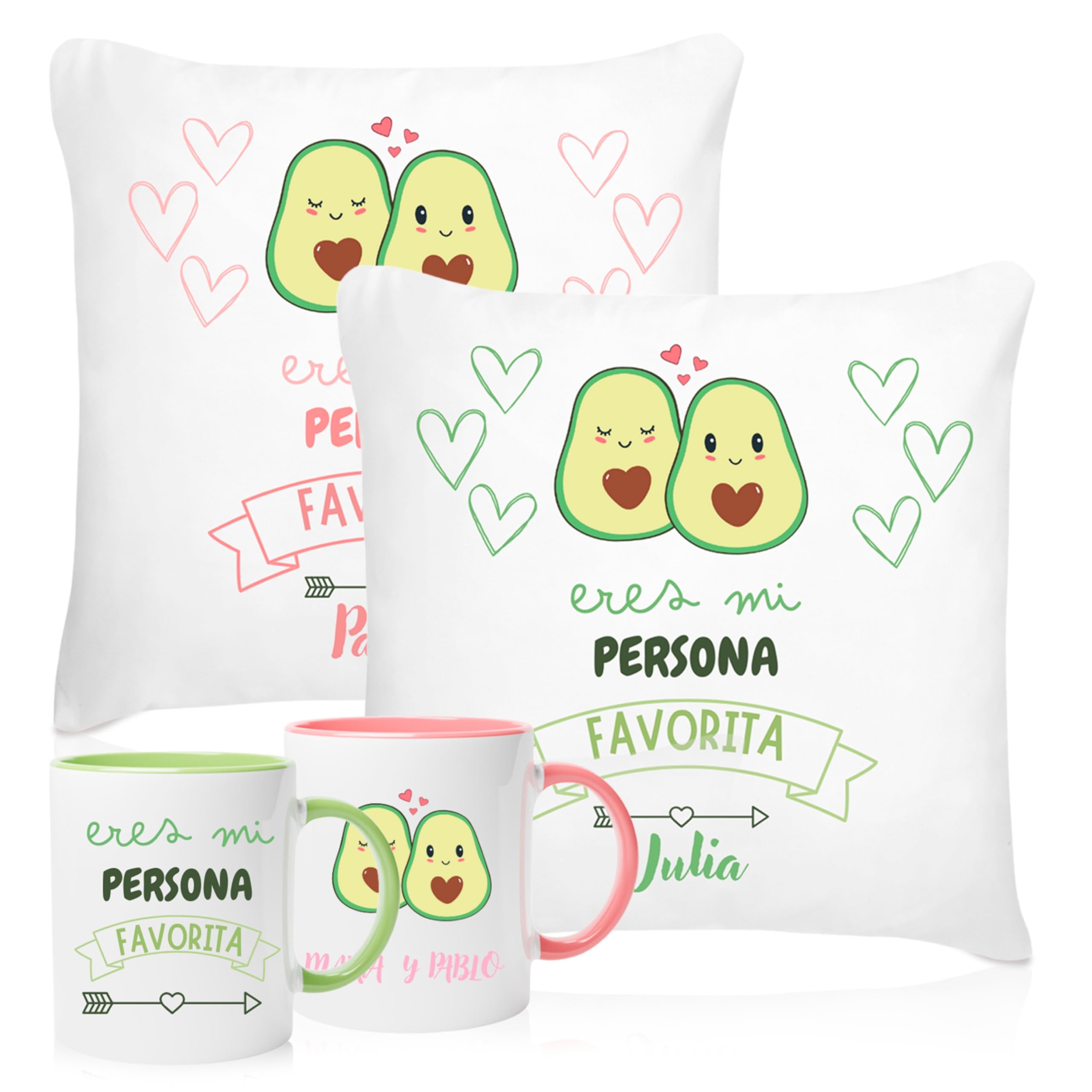 Regalo Personalizado San Valentín | Pack 2 Tazas y 2 Cojines - Aguacates | Regalos Originales Mujer Hombre | Regalos para Parejas, Novia, Novio | Detalles Románticos