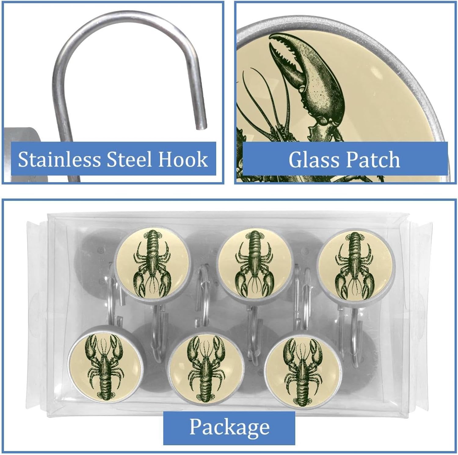 12PCS Green Lobster (1) Shower Curtain Hooks Rings for Bathroom, Decorative Shower Curtain Hooks Rods Curtains and Liner