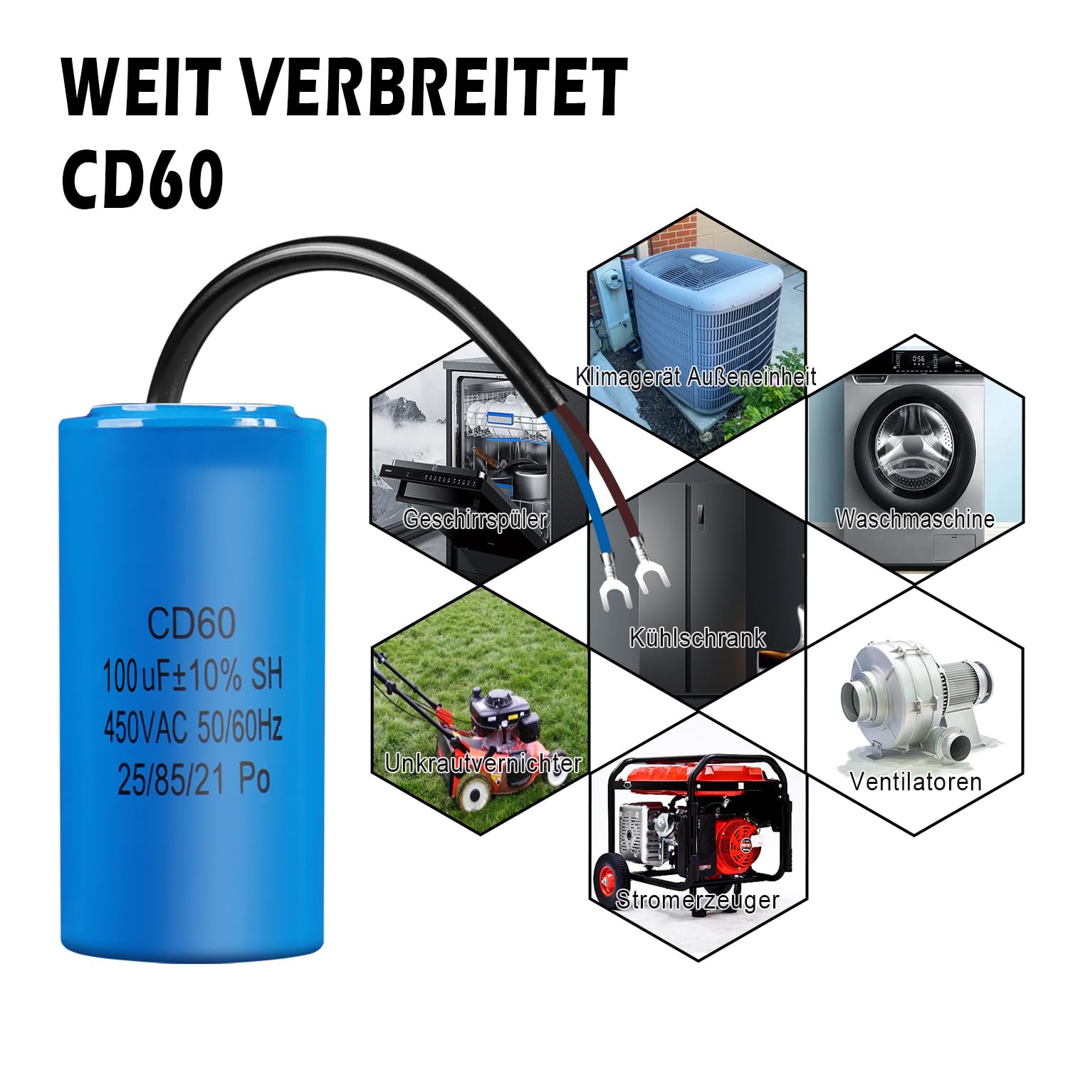 CD60 AC 450V 100uf 50/60HZ kondensator elektryczny kondensator rozruchowy silnika, z kablem, do lodówki, silnika, pompy, generatora
