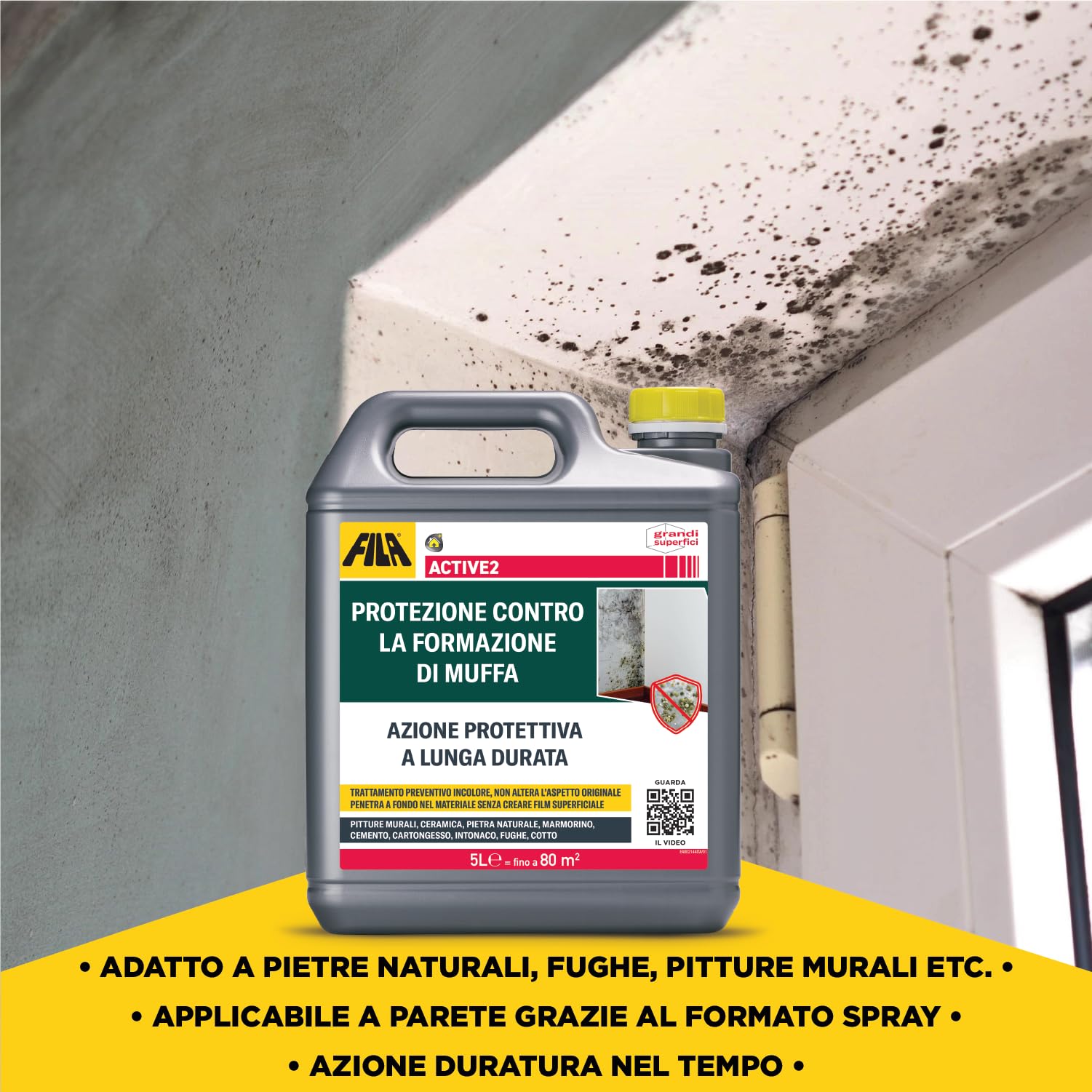 FILA Surface Care Solutions, ACTIVE2, Protettivo Anti Muffa contro la Ricomparsa, Antimuffa per Muri Interni al posto della Vernice Antimuffa, Trattamento Liquido Trasparente Protettivo, 5L