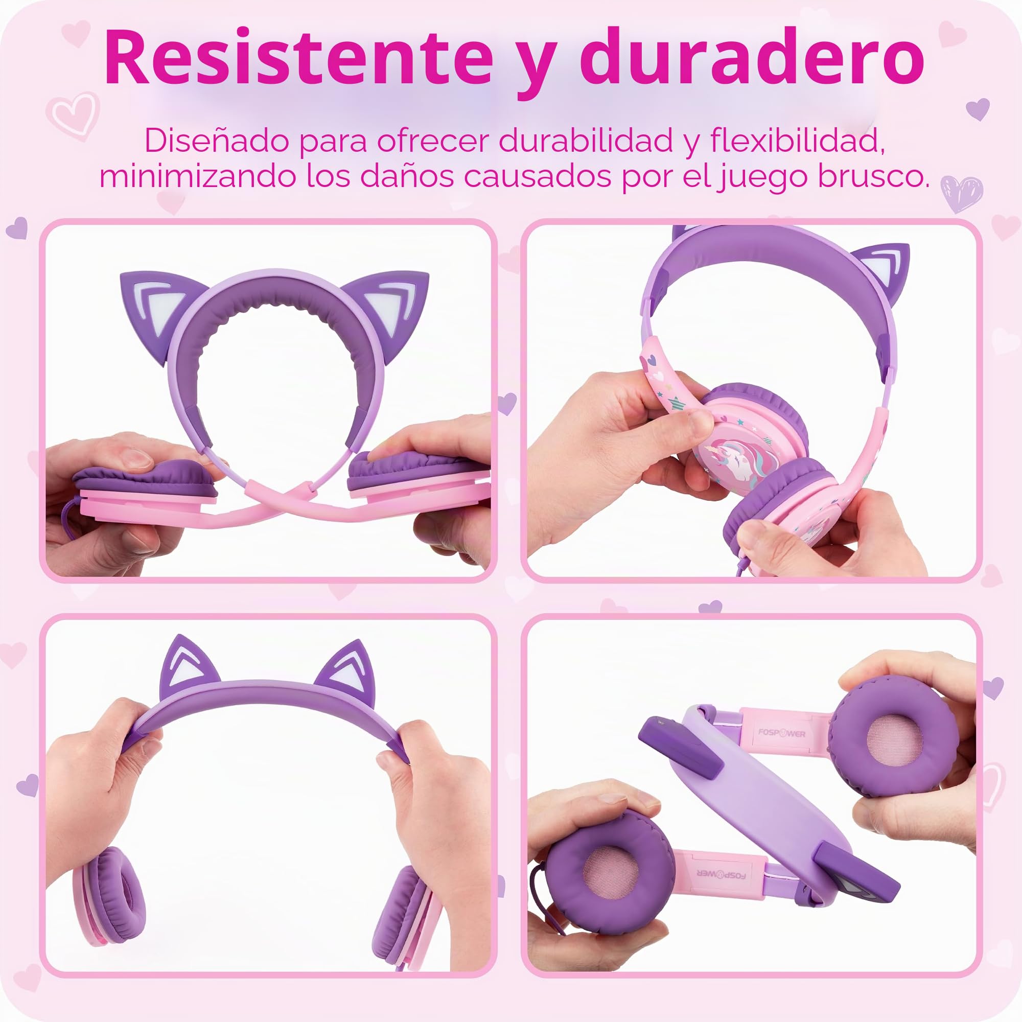 FosPower Auriculares para Niños con Orejas de Gato LED, Límite de Volumen Seguro 85dB, Casco con Cable de 3,5mm Auriculares Infantiles para iPad, Tablet, Escuela, Viaje, Rosa Bebé/Lavanda