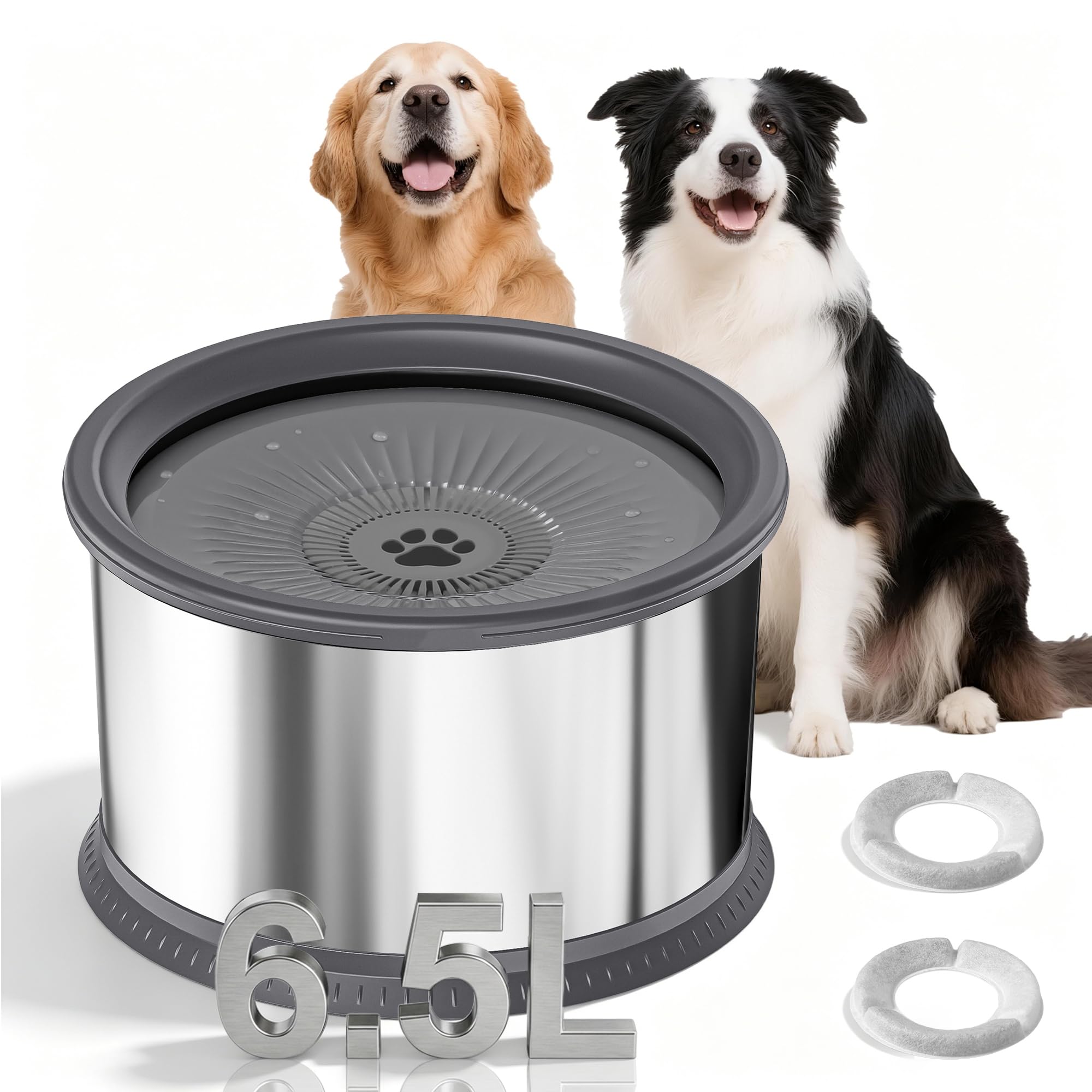 Bostar 6.5L Bebedero Perro Antigoteo Acero Inoxidable con Alfombrilla de Silicona, Cuenco Lenta Antideslizante con Plato Flotante Sellado Integrado/Filtro de Repuesto para Perro Mediano a Grande