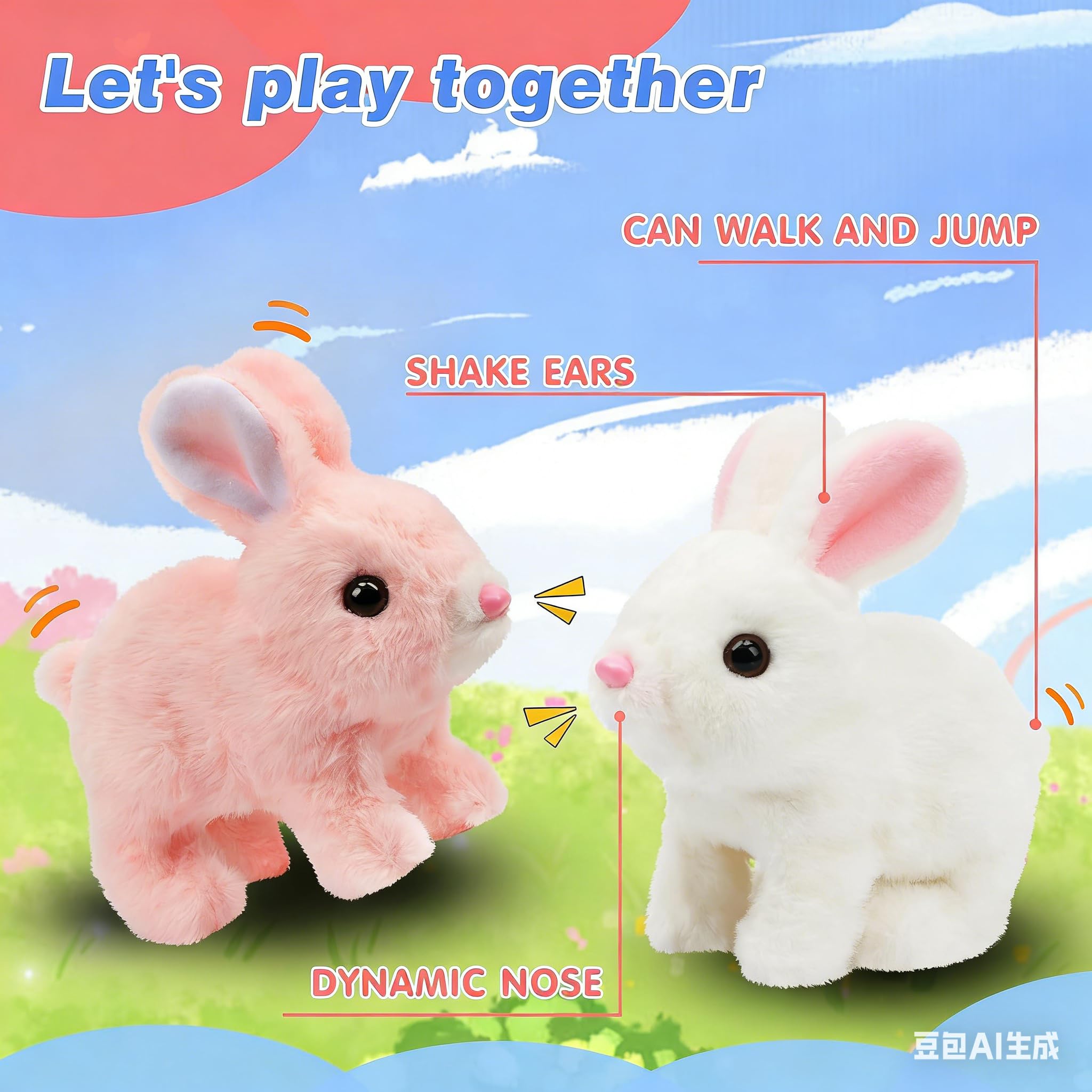 Efymosce Lapin de Pâques en peluche électrique, jouet interactif avec des sons et des oreilles mobiles, jouet sautillant pour cadeau de Pâques, lapin en tissu rampant pour enfants - 5