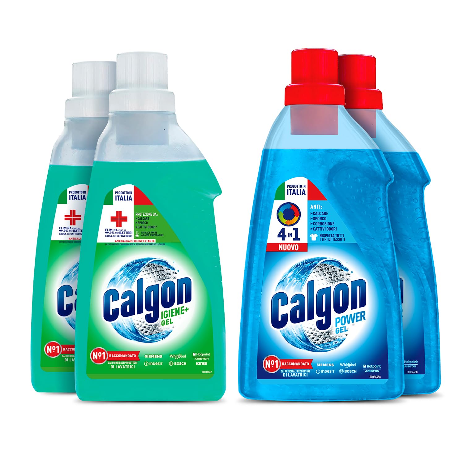 Calgon Anticalcare Lavatrice, 2 flaconi da 1500ml di Power Gel 4in1, 2 flaconi da 1500ml di Gel Disinfettante Hygiene+, Additivo per una Protezione da Calcare, Corrosione, Sporco e Cattivi Odori