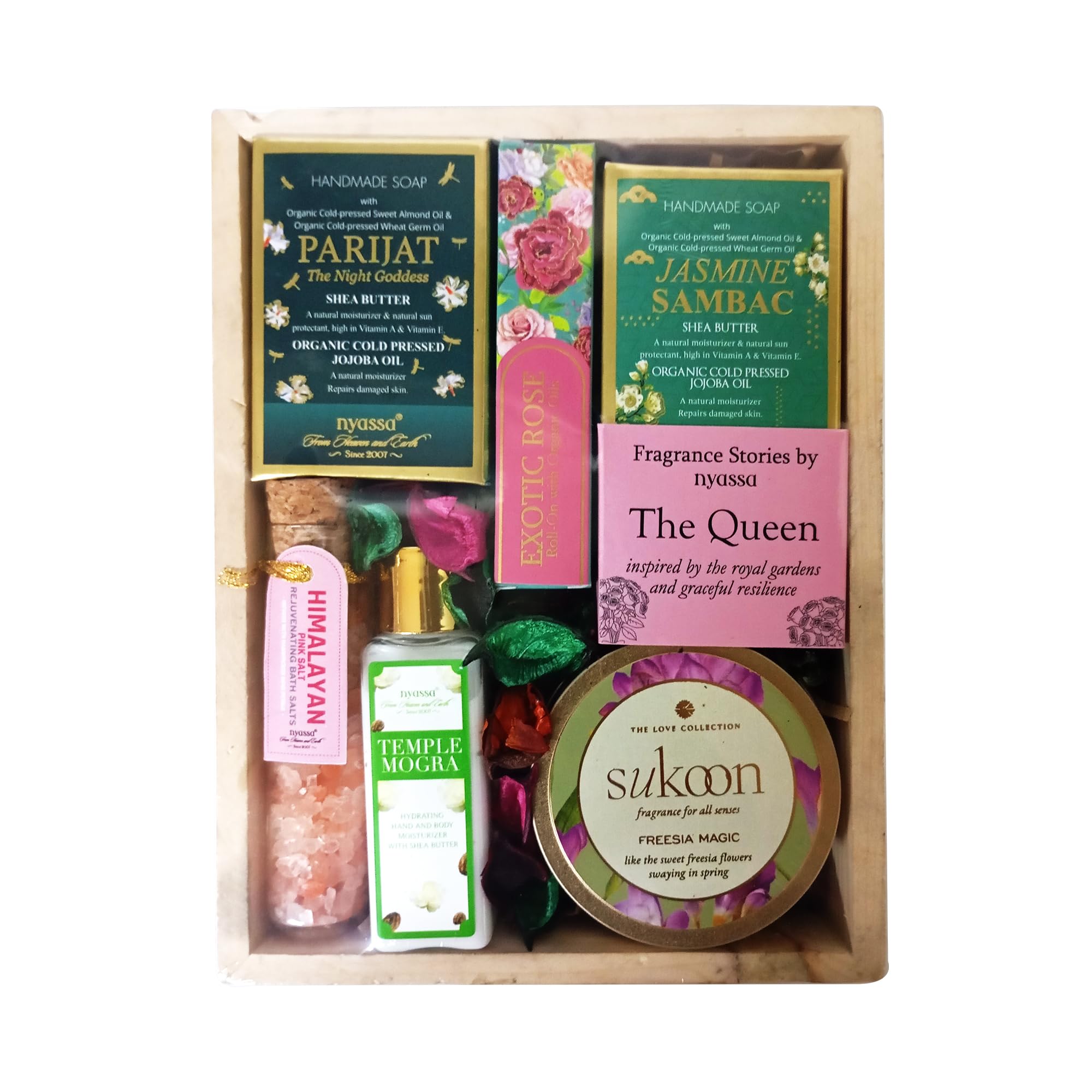 Nyassa The fragrance stories by nyassa: THE QUEEN Gift set | Natural Bath and Body Care Set | Handmade Soap | Roll On |Hand & Body Moisturizer | Bath Salt | Scented Candle | Premium Pampering Kit for All Special Occasions for Women