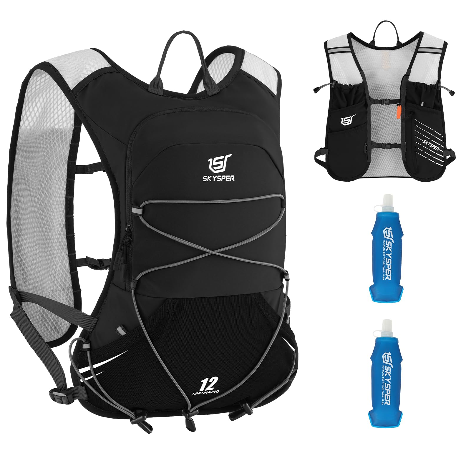 SKYSPER Chaleco de Hidratación Running 12L, Chaleco Ligero con 2 Botellas 500ML y Diseño Reflectante para Trail Maratón y Senderismo