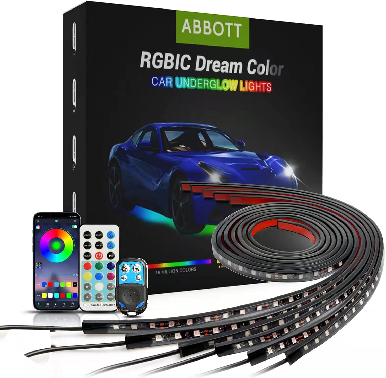 Abbott Car Underglow Lights Kit, 6PCS Led RGBW Strip Exterior Car Lights with Dream Color Chasing, APP Control, IP68 Waterproof, Neon Led Light Kit for Off-Road UTV ATV Trucks SUV Motorcycle Boats