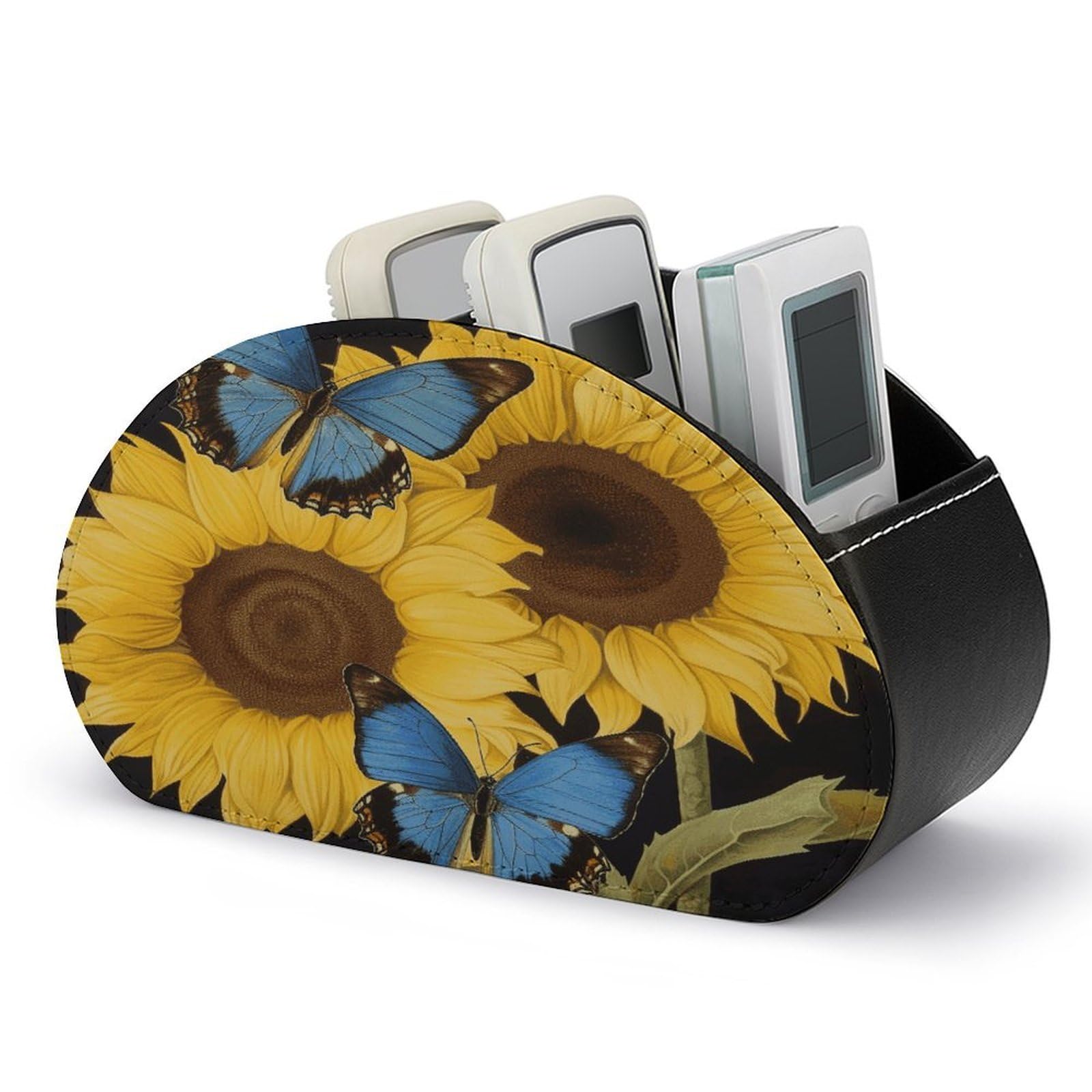 JTREHY Yellow Sunflowers with Blue Butterflies Remote Control Holder 5 Compartments Remote Caddy Tray PU Leather TV Remoter Storage Box Bedside Table Storage Organizer Office Desk Storage Case