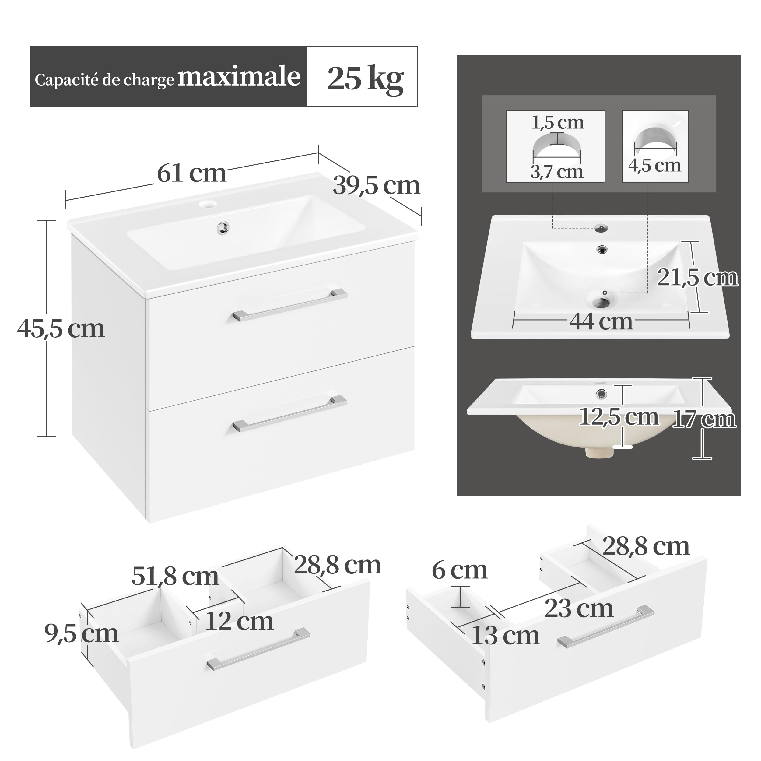 Yaheetech Meuble Salle de Bain avec Vasque Suspendu, Vasque Salle de Bain en Céramique, Meuble Lave Main WC, 61 × 39,5 × 45,5 cm, 2 Tiroirs, Désign Simple Moderne, Blanc
