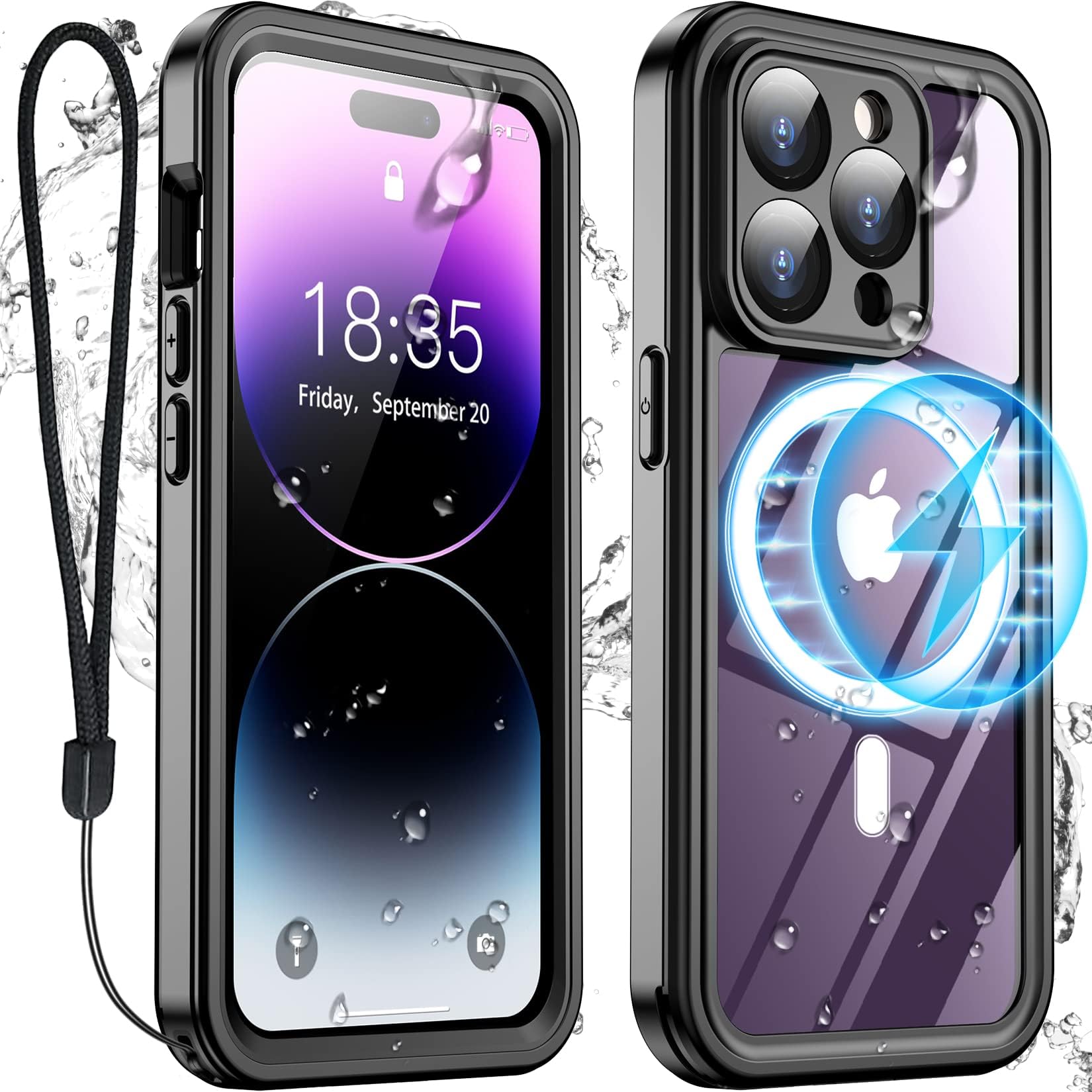 Temdanfor iPhone 14 Pro Max Case Waterproof,Built-in 9H Tempered Glass Screen Protector [Real 360][IP68 Underwater][14FT Military Dropproof][Dustproof][Compatible with MagSafe] - Black/Clear