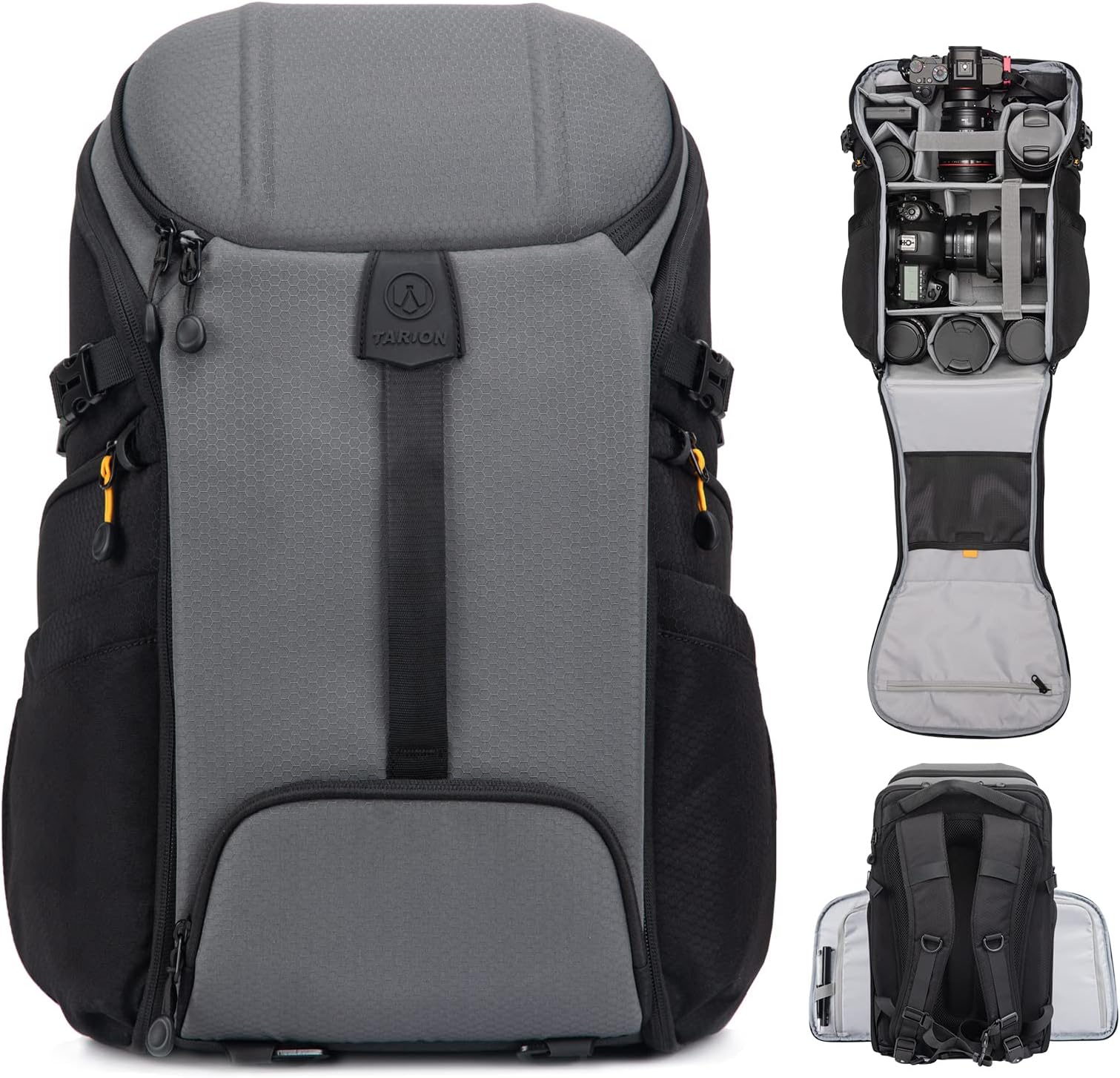 TARION Camera Backpack Large Camera Bag with 𝐃𝐮𝐚𝐥-𝐒𝐢𝐝𝐞 𝐎𝐩𝐞𝐧𝐢𝐧𝐠 15.6" Laptop Compartment Waterproof Raincover Outdoor Photography Hiking Travel Backpack Bag Grey HX-L