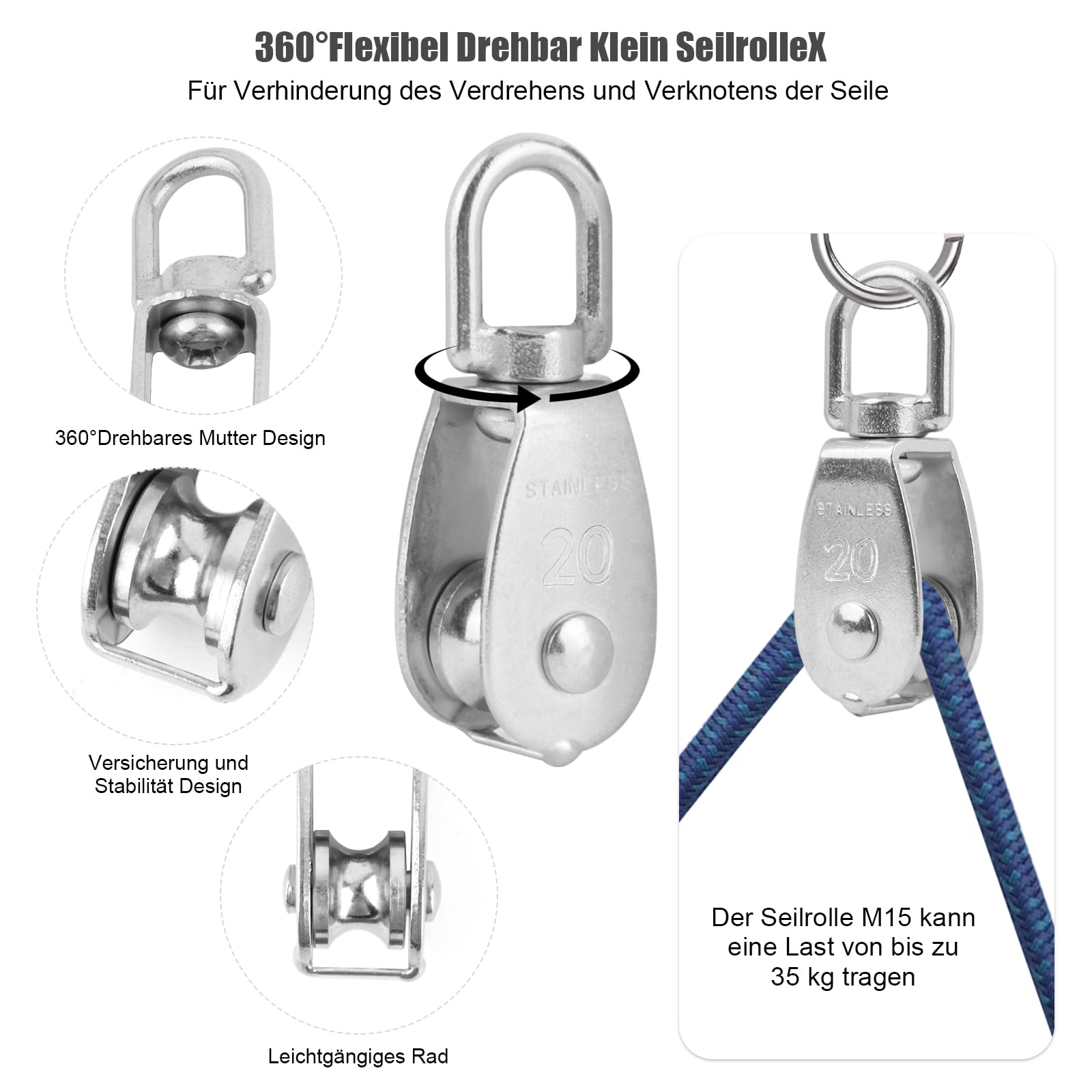 Pulegge Acciaio Cuscinetti Sfera Per Porta Fieno Palestra Kit Pulegge Porta Garage Plutreas - 4 Pulegge Con Carico 90kg, Incluse Forche E Bulloni Carrucola Per Sollevamento - Foto 4