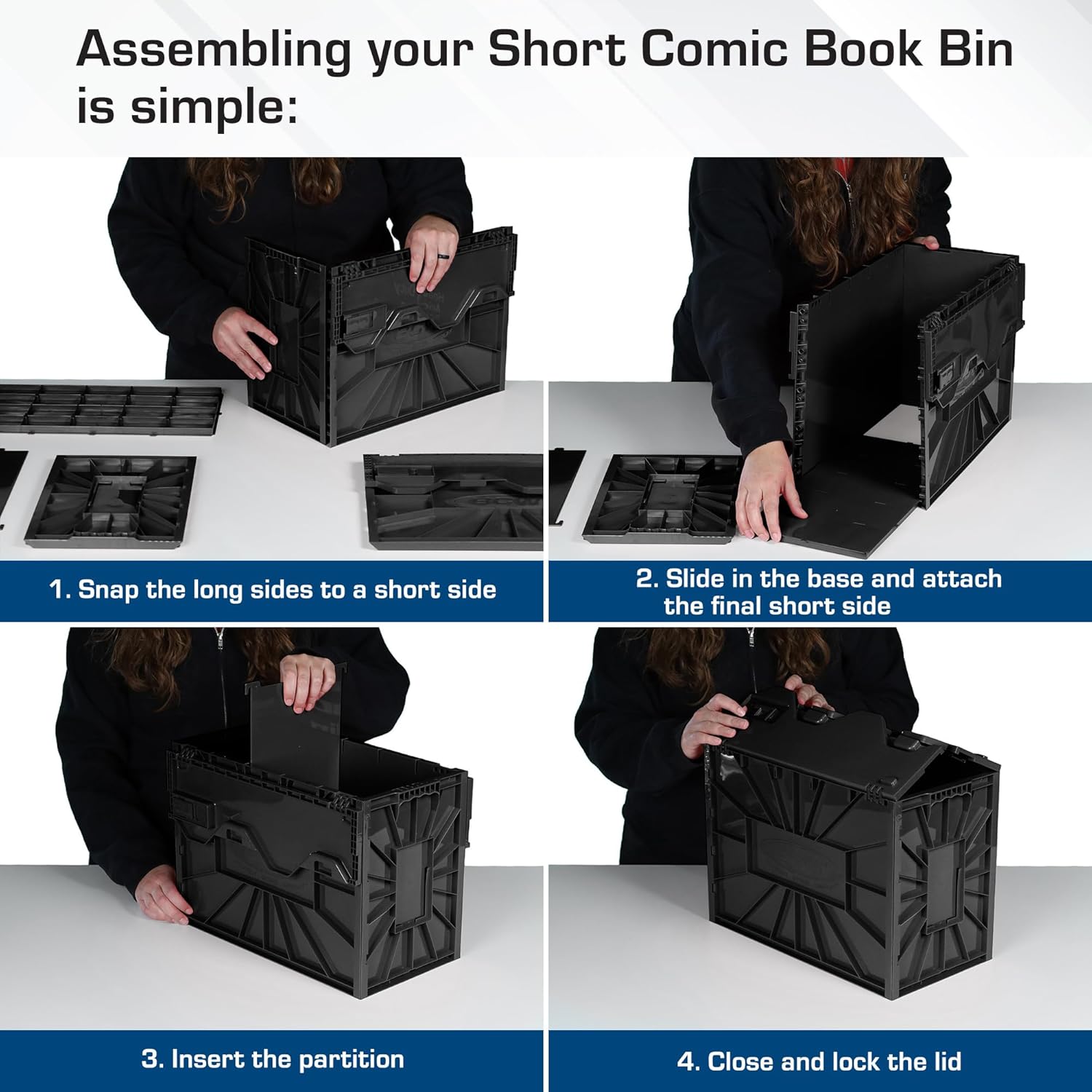 BCW Short Comic Book Bin | Holds 150 Comics | Stackable Plastic Storage | Acid-Free Organizer | Black, 5 Pack