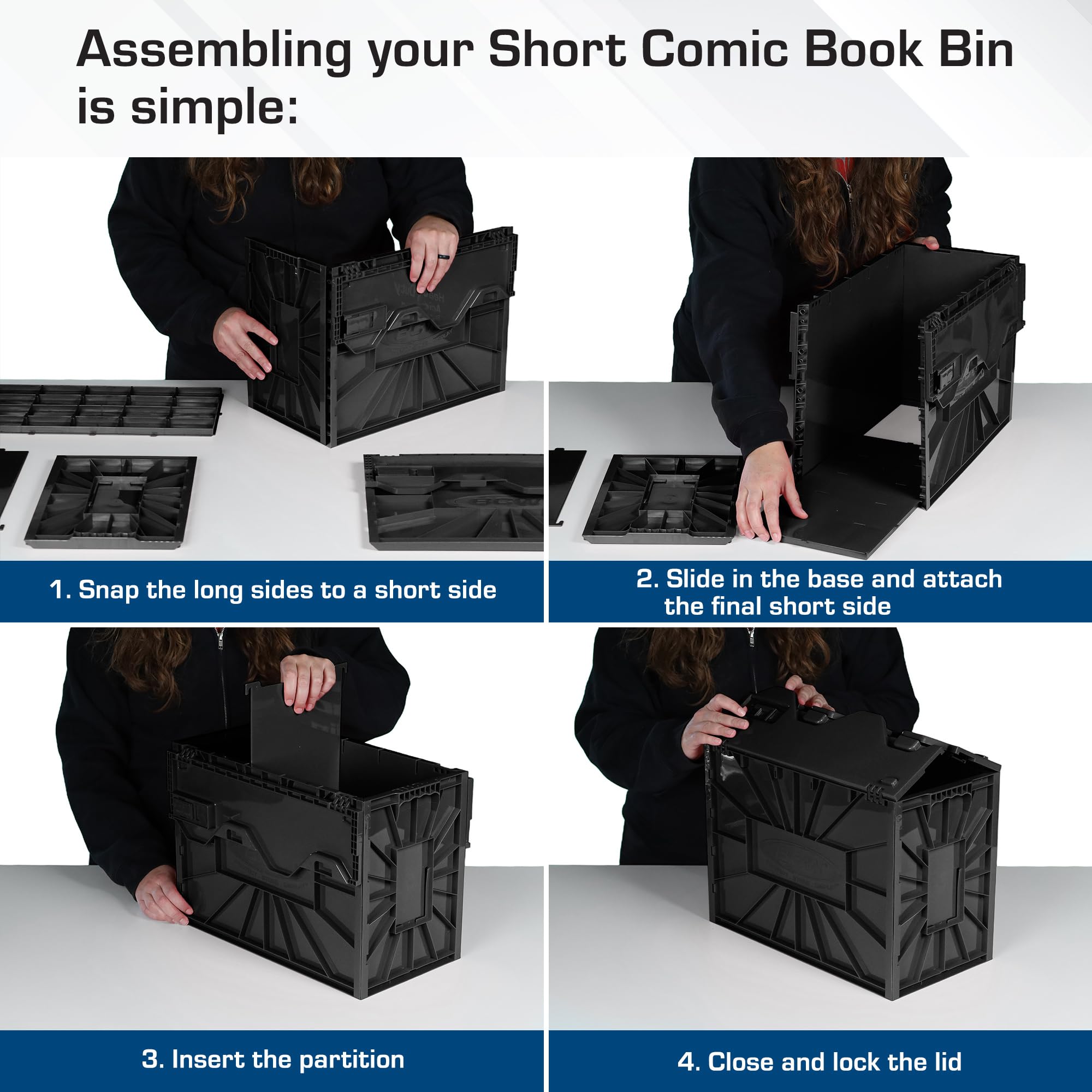 BCW Short Comic Book Bin, Black - Holds 150 Standard Comic Books, Acid Free Comic Book Storage and Organizer, Heavy Duty Plastic Comic Storage Box, Stackable Comics Short Box, Includes Partition