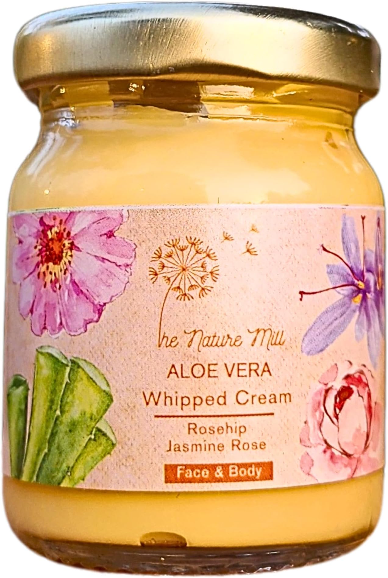 The Nature Mill Aloe Vera Whipped Cream. Pure all natural aloe vera gel whipped with cold pressed oil & essential oils. No cream base. For skin & hair. (50g, Rosehip Jasmine Rose)