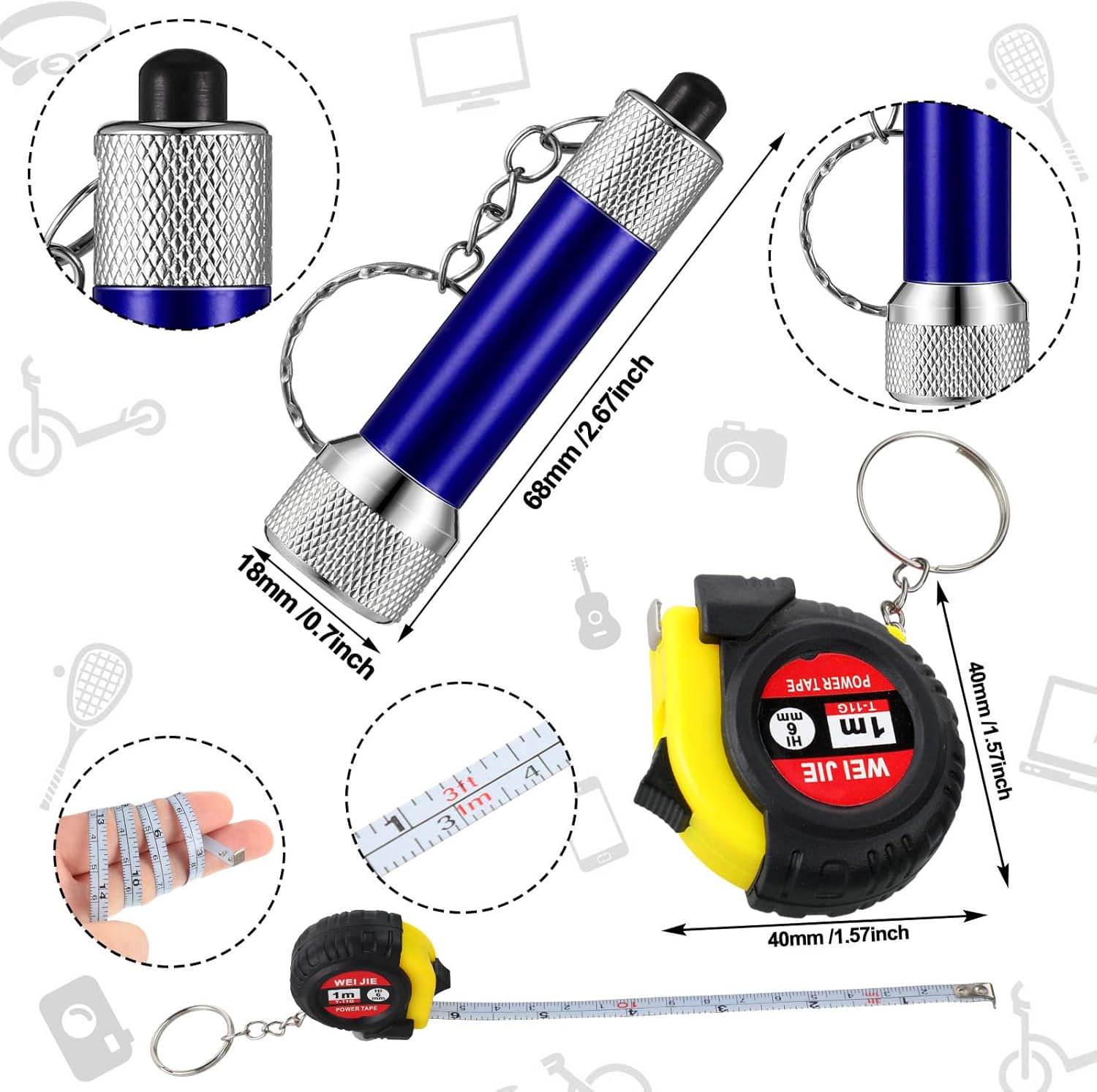 Jutom 72 Pcs Bulk Gifts for Men Mini Tape Measure Keychain Screwdriver LED Light Keychain Set for Adult Father Day Men Gifts Bulk Party Favor (Blue,Black,Red)