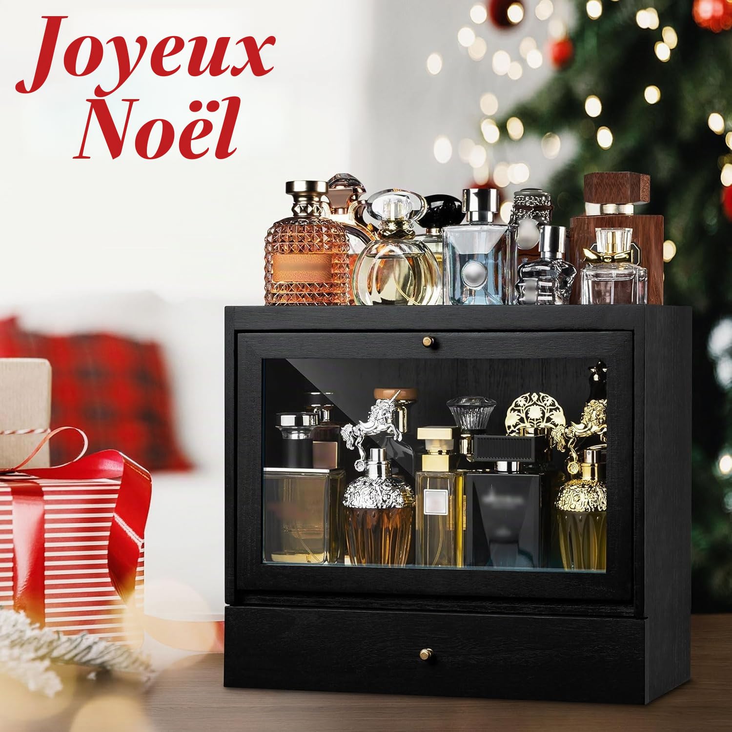 Rangement Parfum Homme, Porte Parfums en Bois, Grande Capacité Organisateur Parfums avec Tiroir, Présentoir Parfum pour Parfums, Bijoux, Excellent Cadeau (Noir)