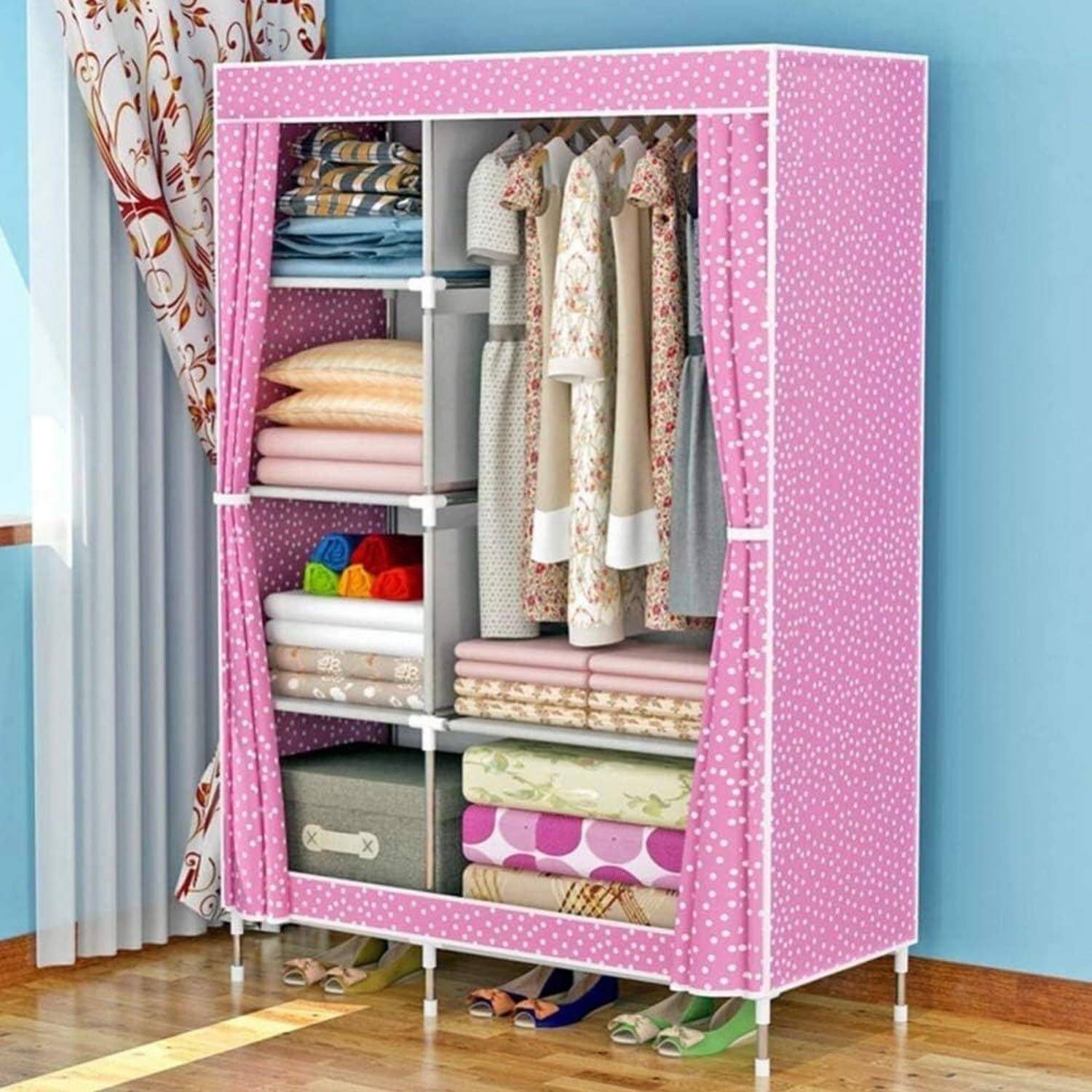 Armario portátil para ropa de gran capacidad con barra reforzada y estantes modulares