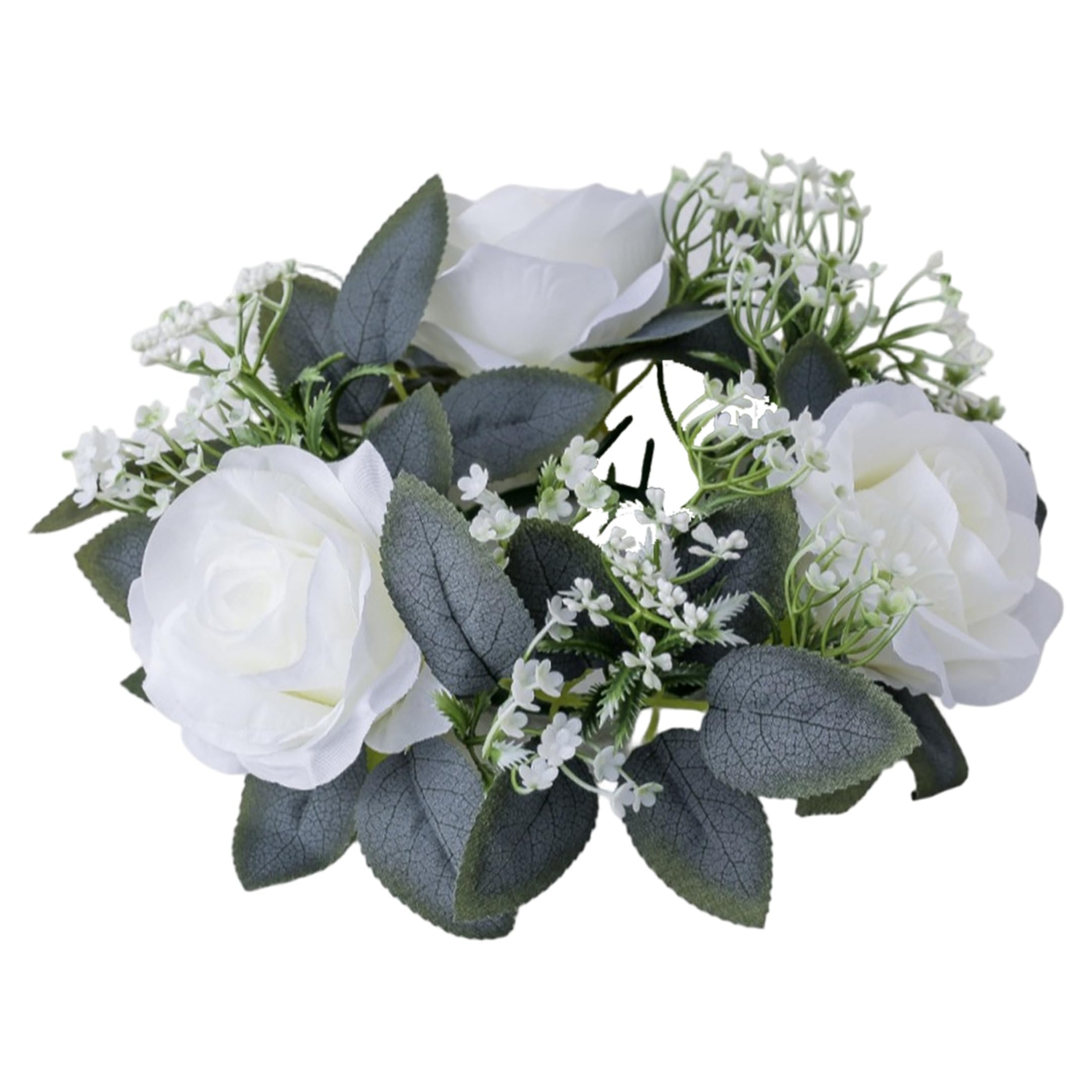 Tsawntd Candle Rings, Exquisite Candle Rings Wreaths with Artificial Roses & Greenery, White Centerpieces for Tables for Wedding Home Decor (White) Small Wreath Garland