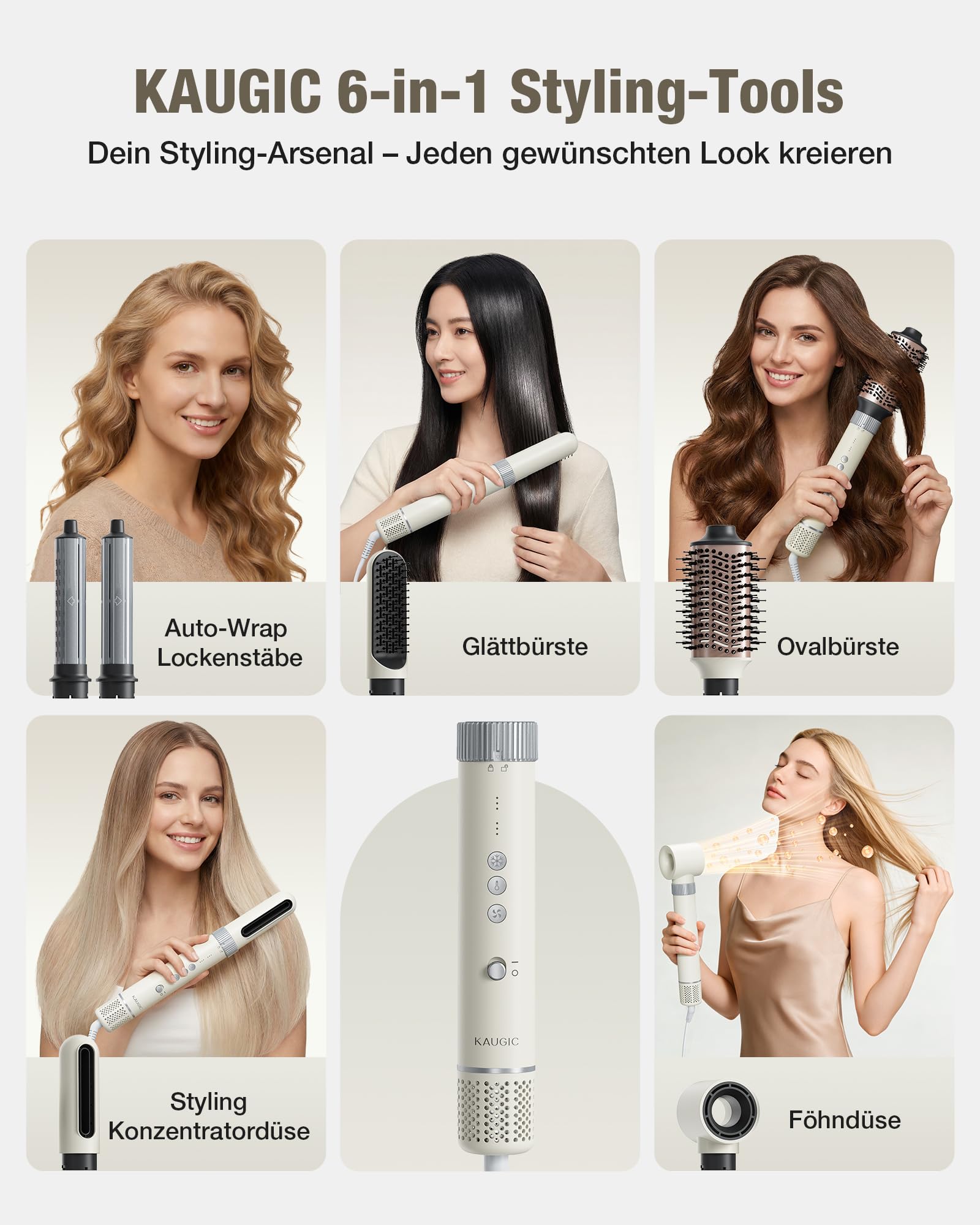 6-in-1 Hairstyler, Airstyler, Lockenstab, 110000 U/Min Hochgeschwindigkeit Lonen Föhn Locken oder Glätten, Föhnbürste Warmluftbürste Rundbürstenföhn Lockenföhn Haartrockner- Cremeweiß
