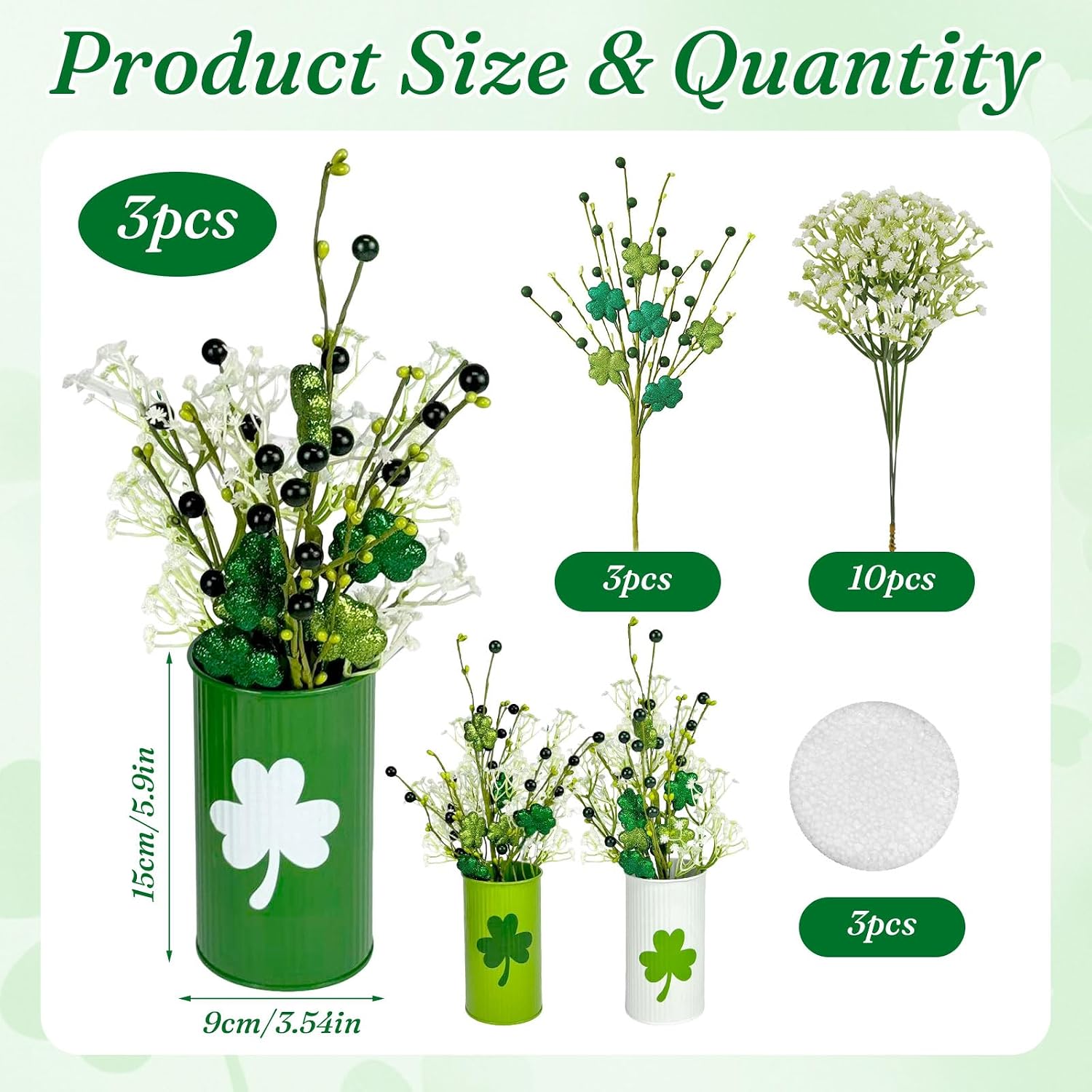 Cinrobiye 3 Set St Patrick’s Day Farmhouse Vase Decor with Artificial Shamrock Picks Flowers Green Berry Stems Lucky Clover Floral Branches Gifts,Table Centerpiece Decoration for Irish Party Home