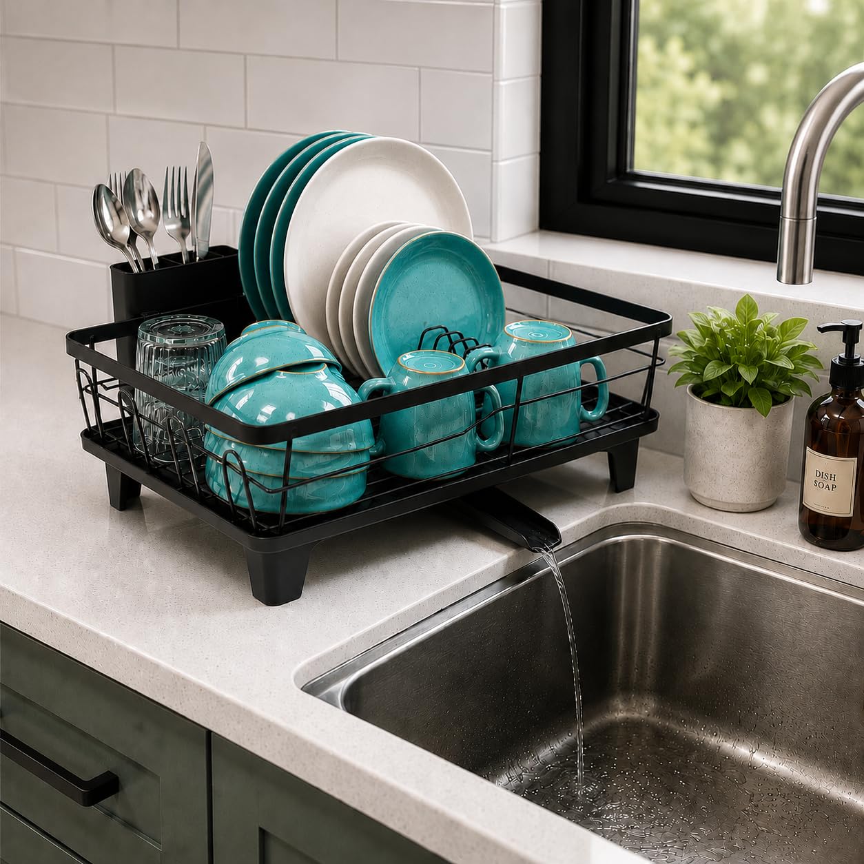 Dish Drying Rack for Kitchen with Drain Tray & Cutlery Holder | Automatic Water Drainage Spout | Countertop Utensil Drying Rack for Plates, Bowls, Cups & Spoons, Black (42x32x13 CM)-image-39