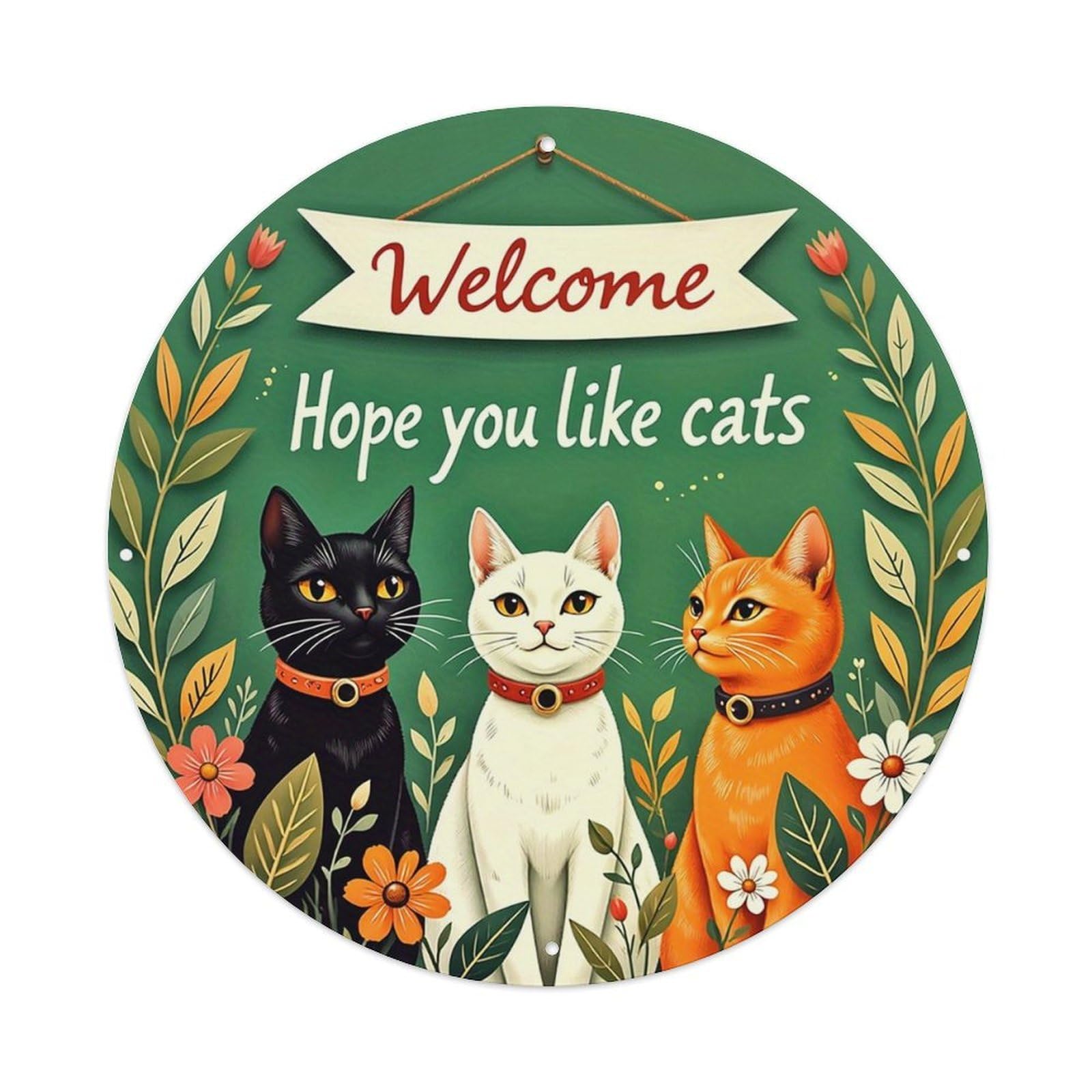 Cats Flowers Leaves Welcome Sign Vintage Round Tin Sign Retro Metal Wall Decor Metal Poster, Home Bar Garage Cafe Wall Art Decoration 8x8Inches