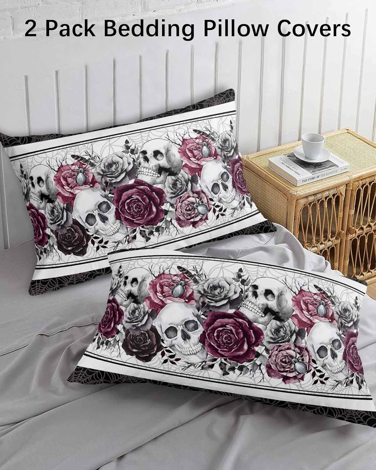 Halloween Skull Pillow Covers Standard Size 2 Pack, Black Red Rose Flower Leaves Soft Bed Throw Pillowcases Breathable Cooling Long Lumbar Body Pillow Sham Cover for Bed Sofa 20x26