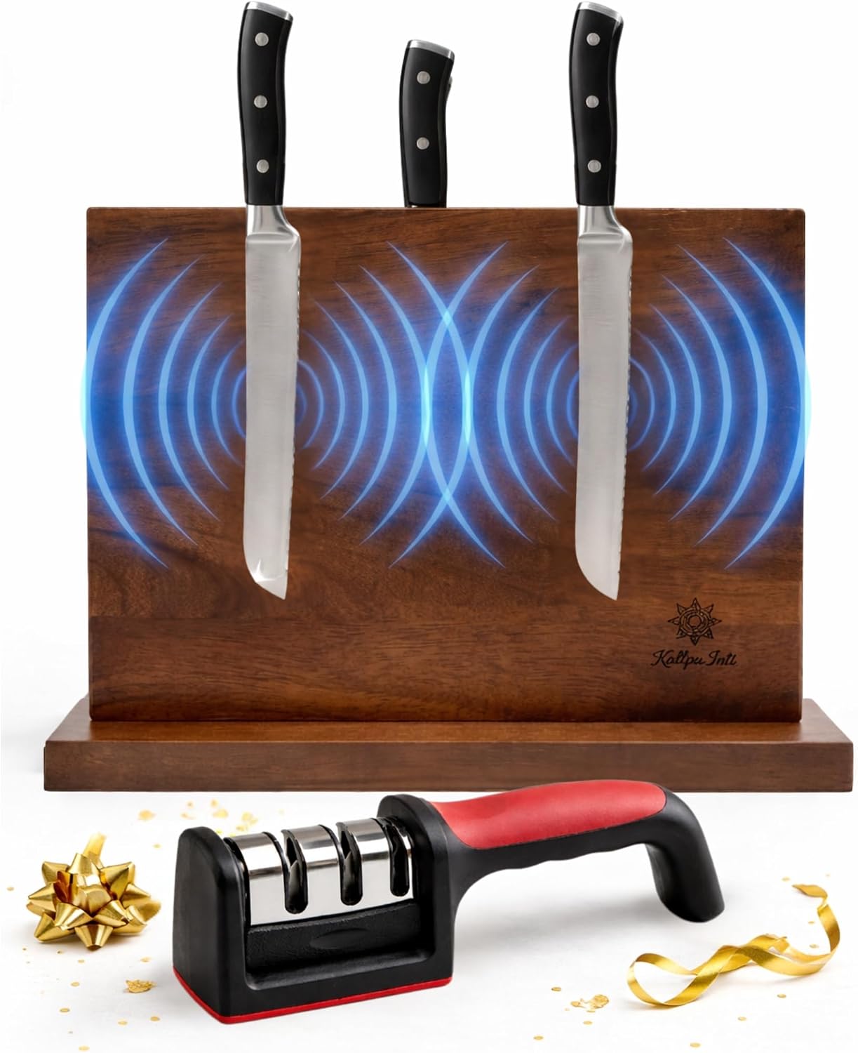 Magnetic Knife Block with Sharpener - Acacia Wood Magnetic Knife Holder for Kitchen Counter - Double Sided Freestanding Knife Organizer - KALLPA INTI