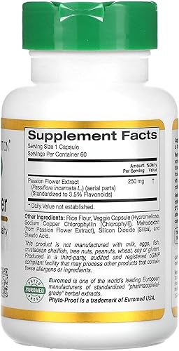 Miniatura 2 de Flor de la Pasión, EuroHerbs, Calidad Europea, 250 mg, 60 Cápsulas Vegetales, California Gold Nutrition
