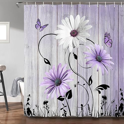 Bzhilja Rustic Farmhouse Floral Shower Curtain, Farm Teal Daisy Floral Butterfly