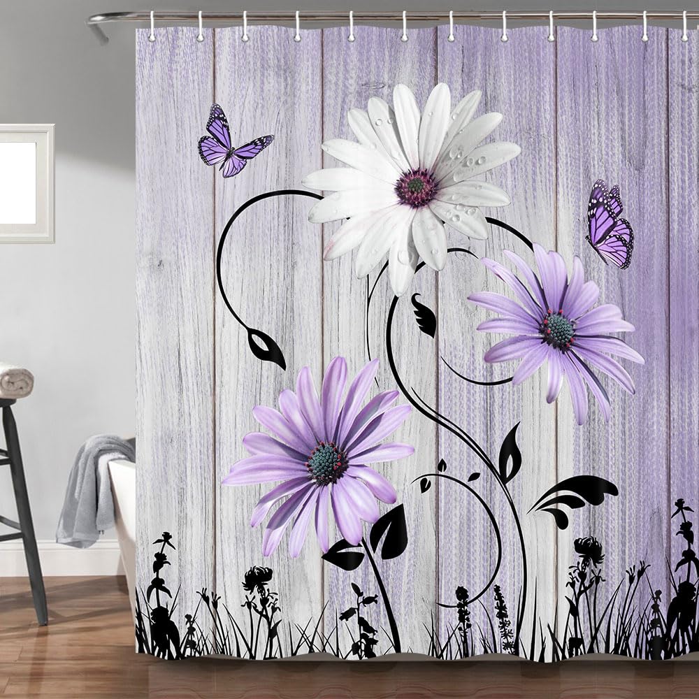 Bzhilja Rustic Farmhouse Floral Shower Curtain, Farm Teal Daisy Floral Butterfly Old Plank Rustic Shower Curtain, Turquoise Blue Fabric Bathroom
