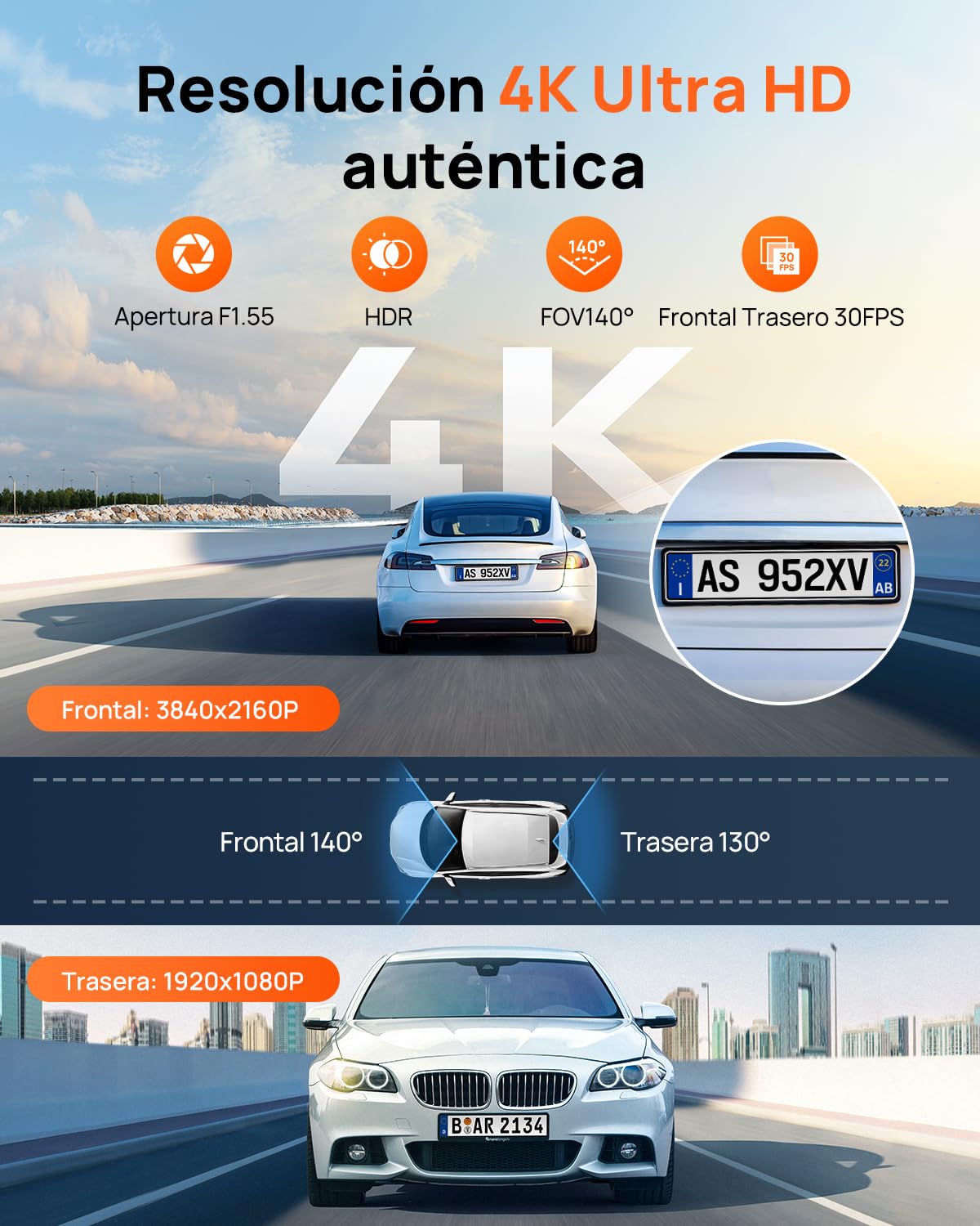 70mai A800SE Dashcam Auto Delantero Trasero 4K HDR 2160P+1080P con tarjeta SD de 128 GB, doble cámara de coche 3 pulgadas IPS, apertura F1.55 visión nocturna, 210 segundos, grabación previa de