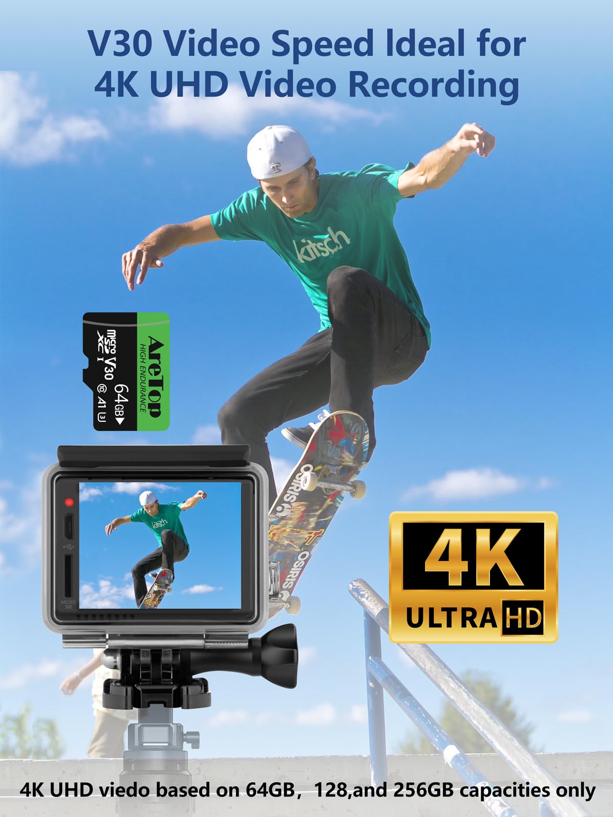 Aretop Micro SD Card da 64 GB, MicroSDXC, confezione da 2, C10, U3, V30, UHS-I, A1, scheda di memoria micro con adattatore SD, scheda TF per Tablette/Drone/Dash