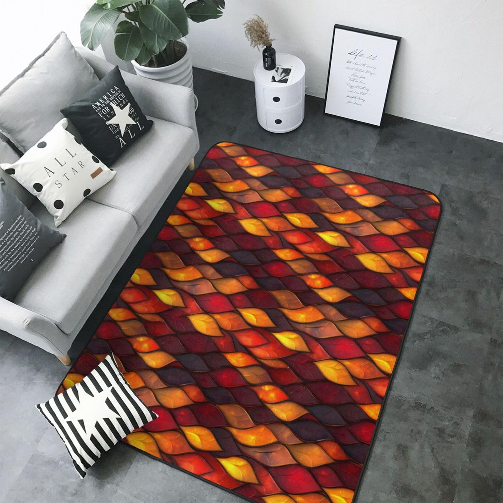Tapis lavable grand format motif plume rouge avec dossier antidérapant